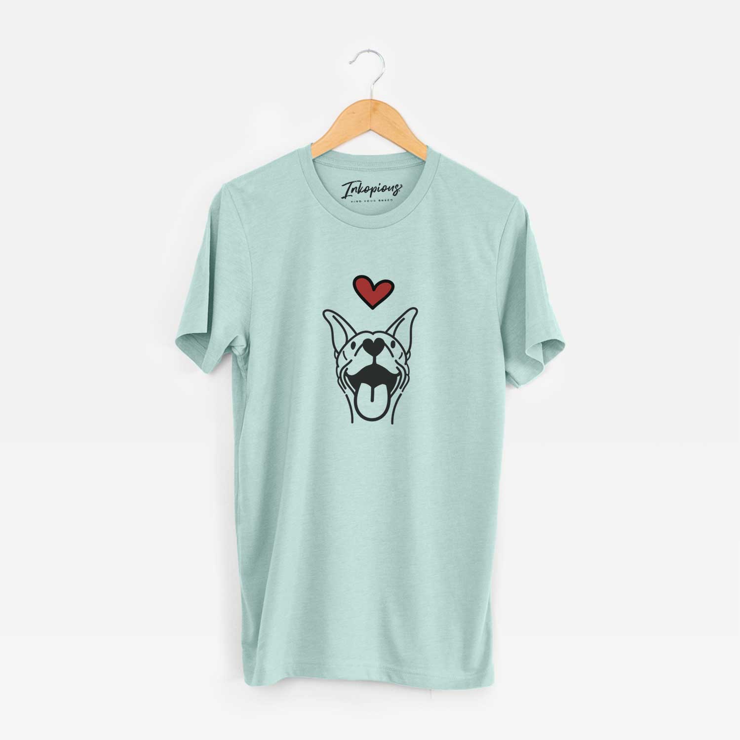 Minimalist line drawing of Merlin the Basenji with a red heart on a Heather Sage Unisex crewneck