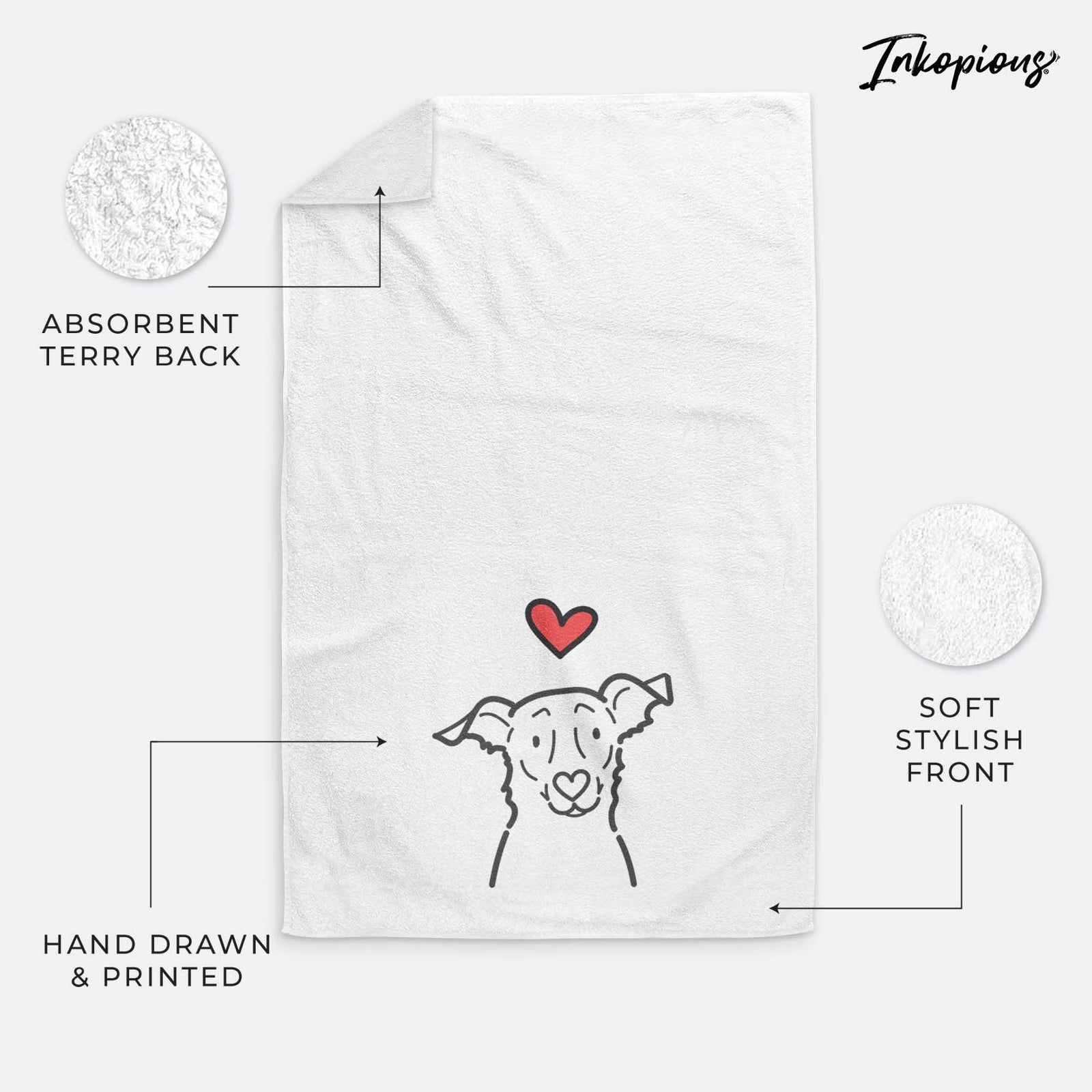 Minimalist line drawing of Millie the Border Collie Mix with a red heart on a decorative hand towel