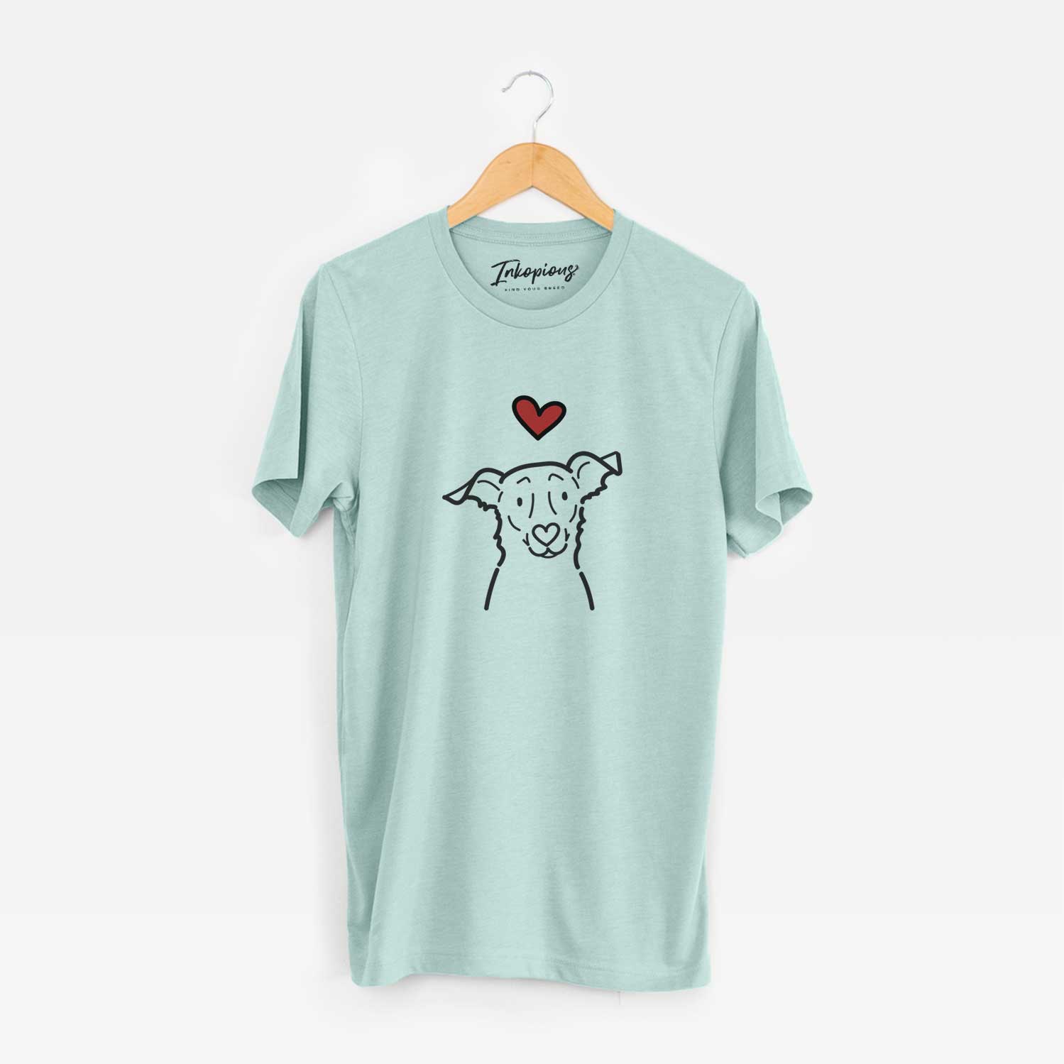 Minimalist line drawing of Millie the Border Collie Mix with a red heart on a Heather Sage Unisex crewneck