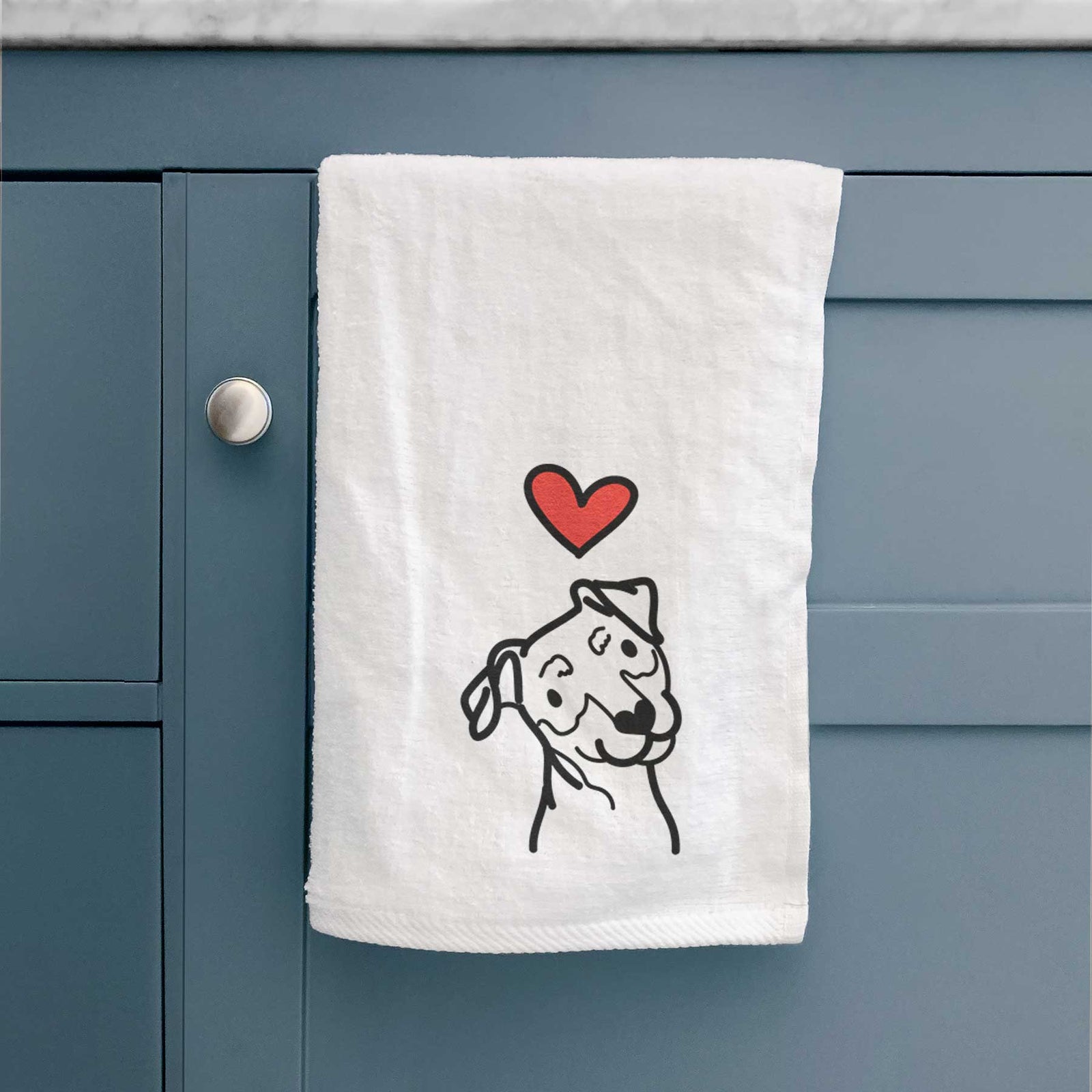 Minimalist line drawing of a Mini Pinscher with a red heart on a decorative hand towel