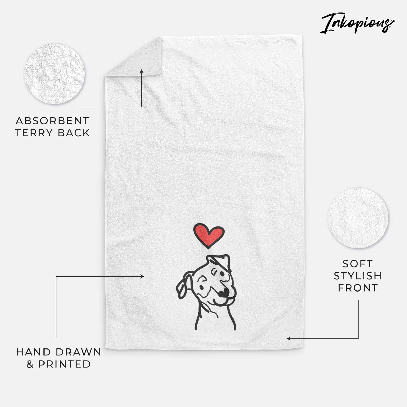 Minimalist line drawing of a Mini Pinscher with a red heart on a decorative hand towel