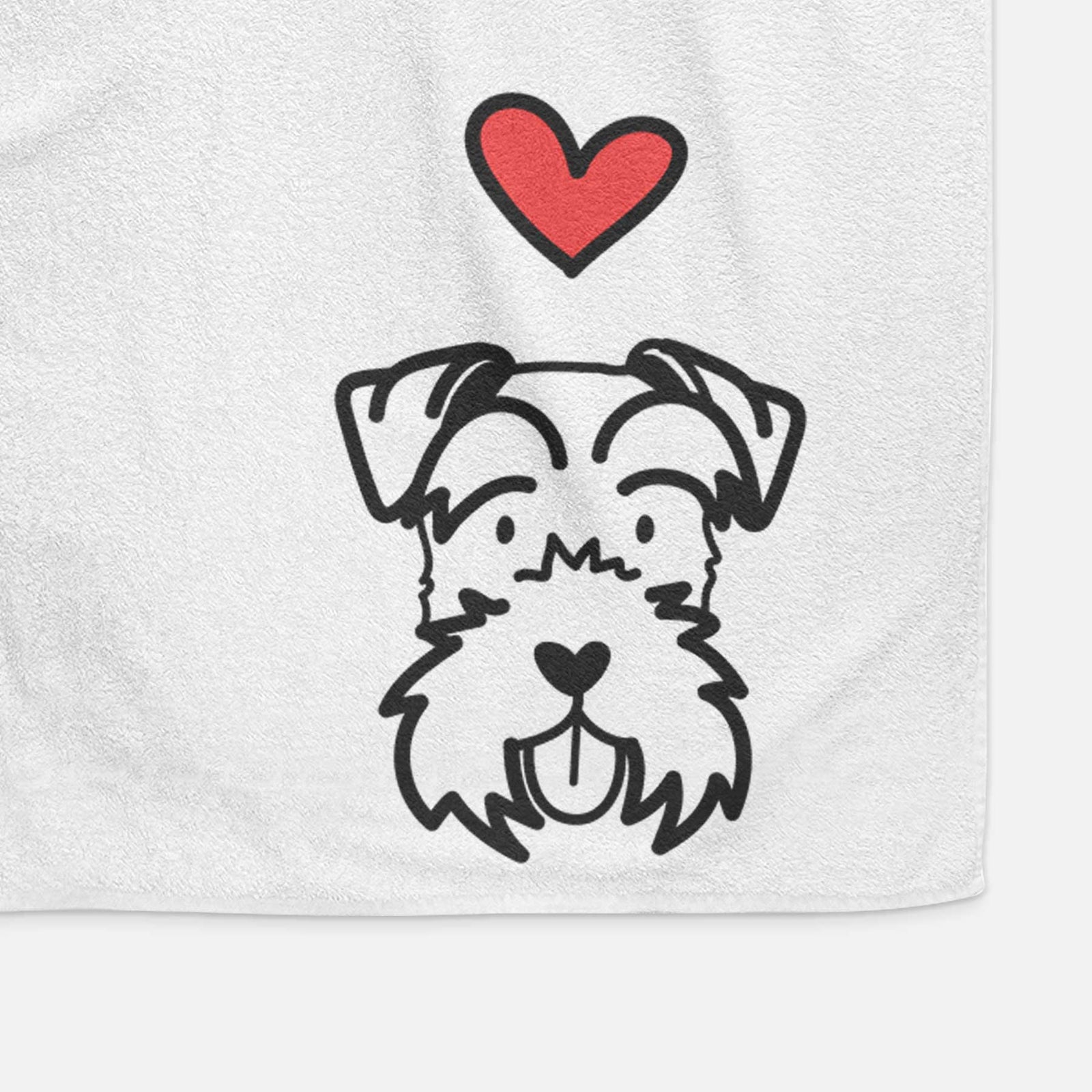 Minimalist line drawing of a Miniature Schnauzer with a red heart on a decorative hand towel