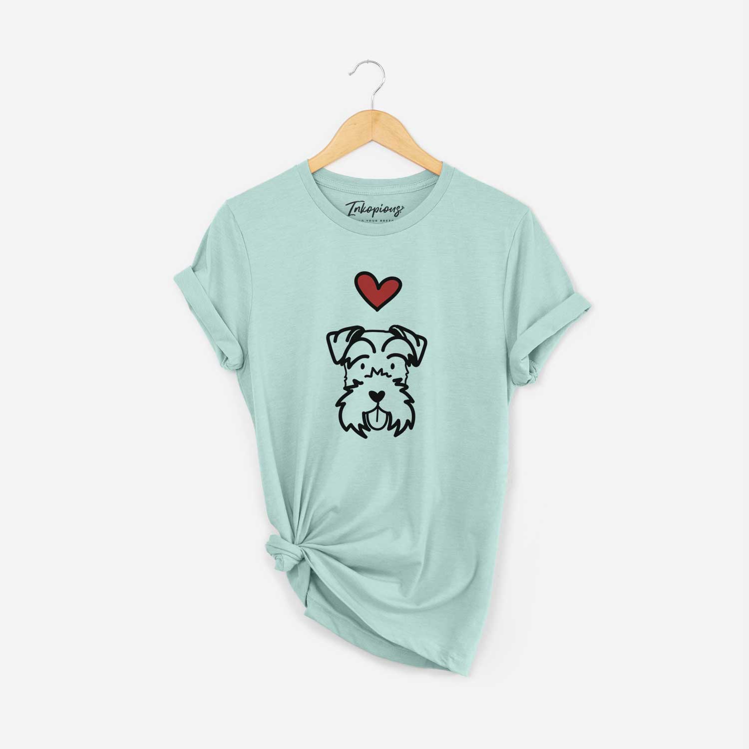 Minimalist line drawing of a Miniature Schnauzer with a red heart on a Heather Sage Unisex crewneck