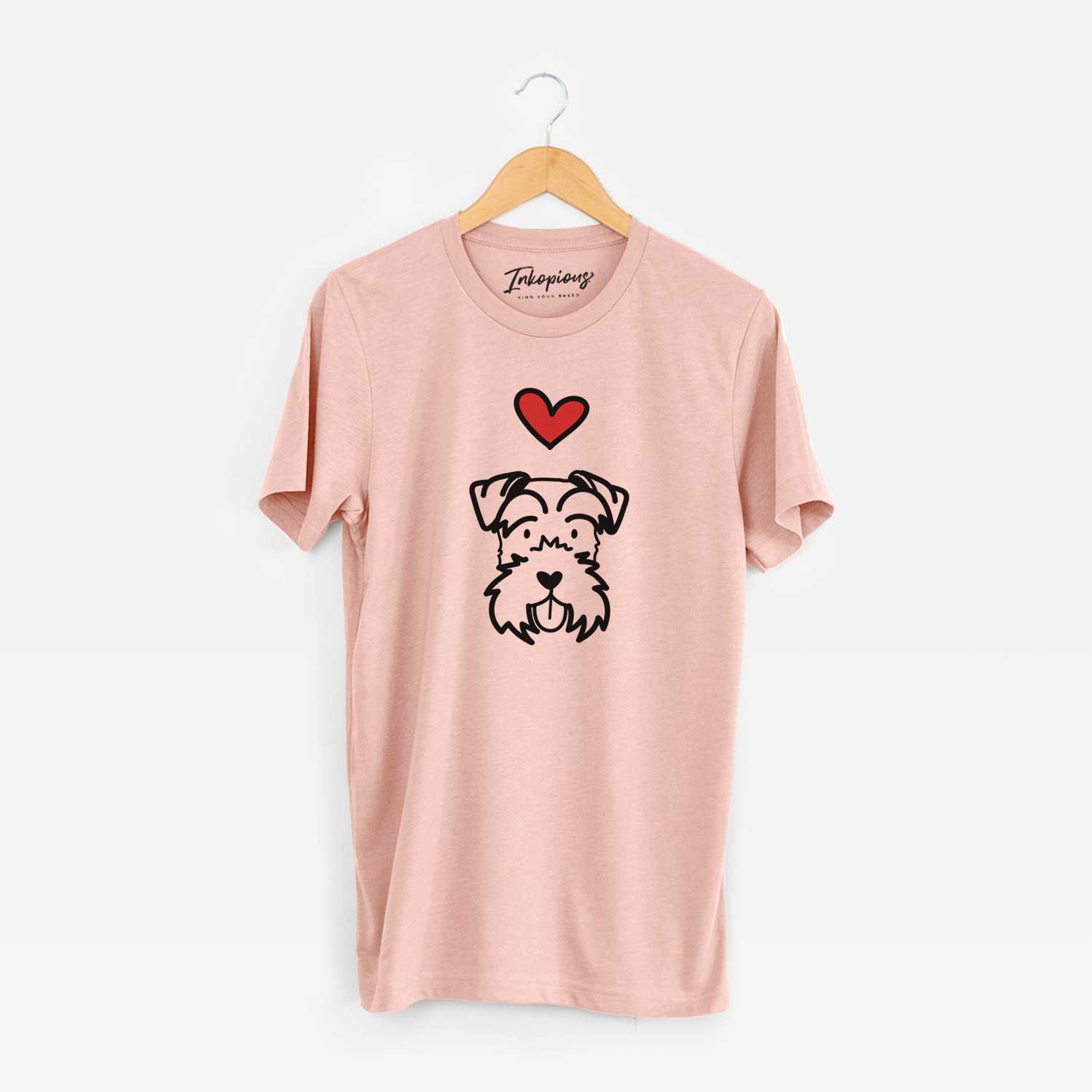 Minimalist line drawing of a Miniature Schnauzer with a red heart on a Peach Unisex crewneck