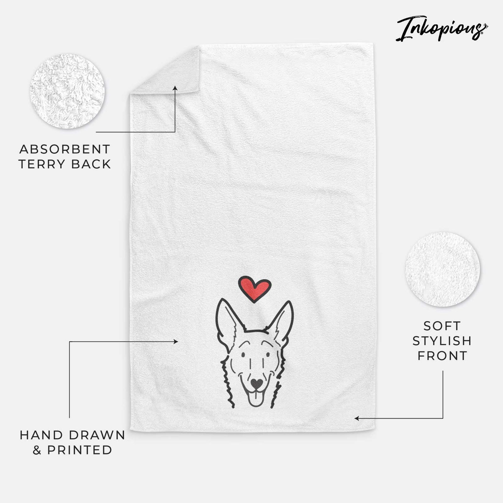 Minimalist line drawing of Mochi the Carolina Dog with a red heart on a decorative hand towel