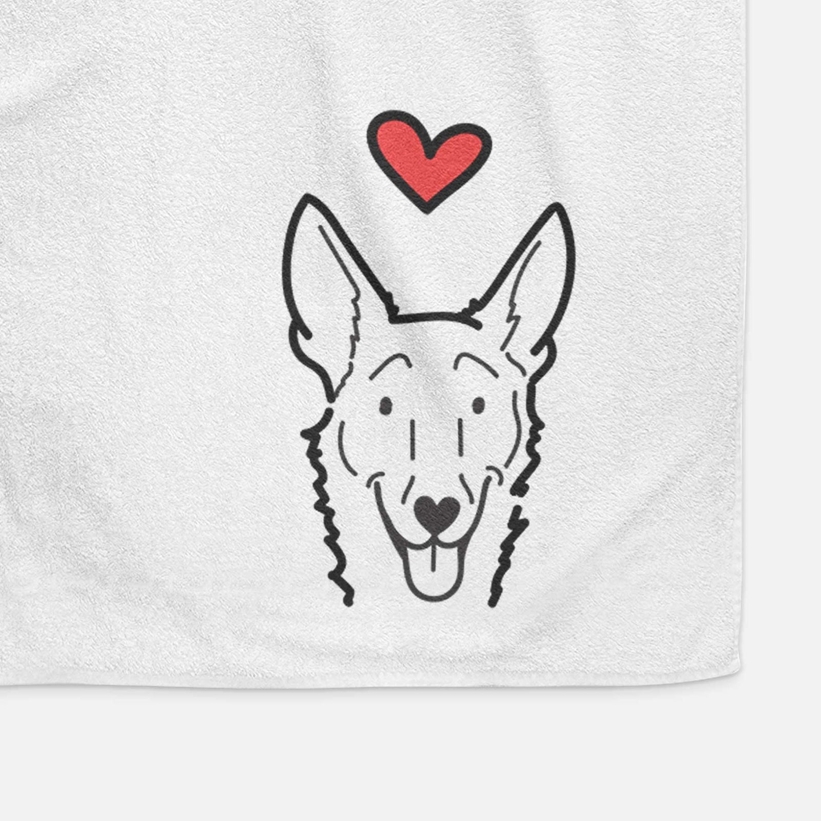 Minimalist line drawing of Mochi the Carolina Dog with a red heart on a decorative hand towel
