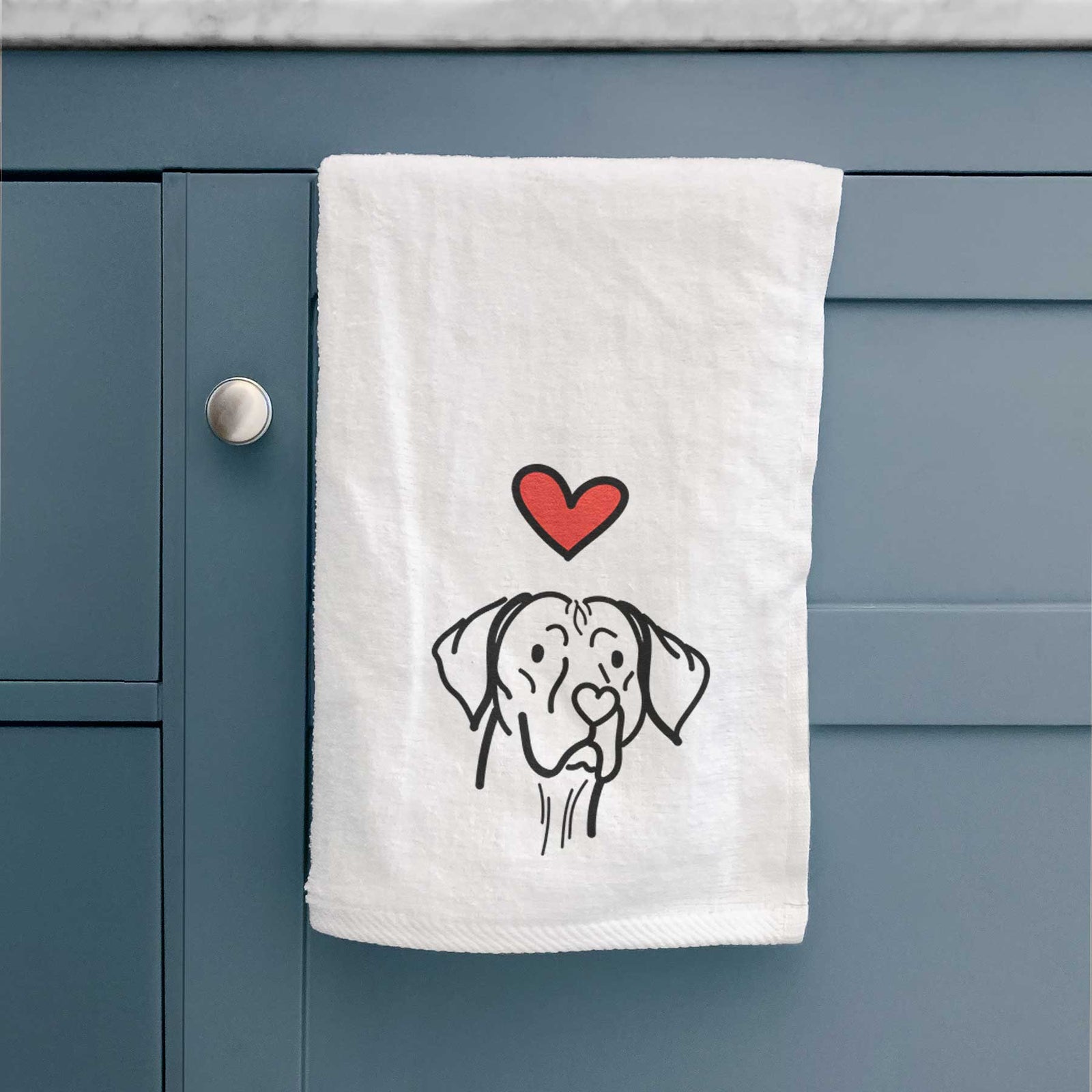 Minimalist line drawing of Moose the Vizsla with a red heart on a decorative hand towel