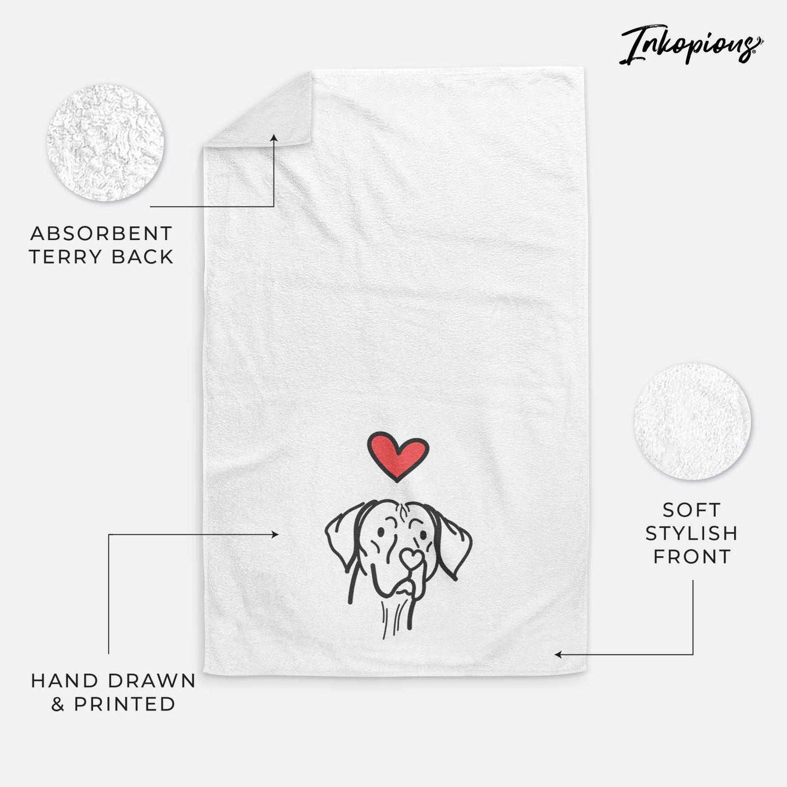 Minimalist line drawing of Moose the Vizsla with a red heart on a decorative hand towel