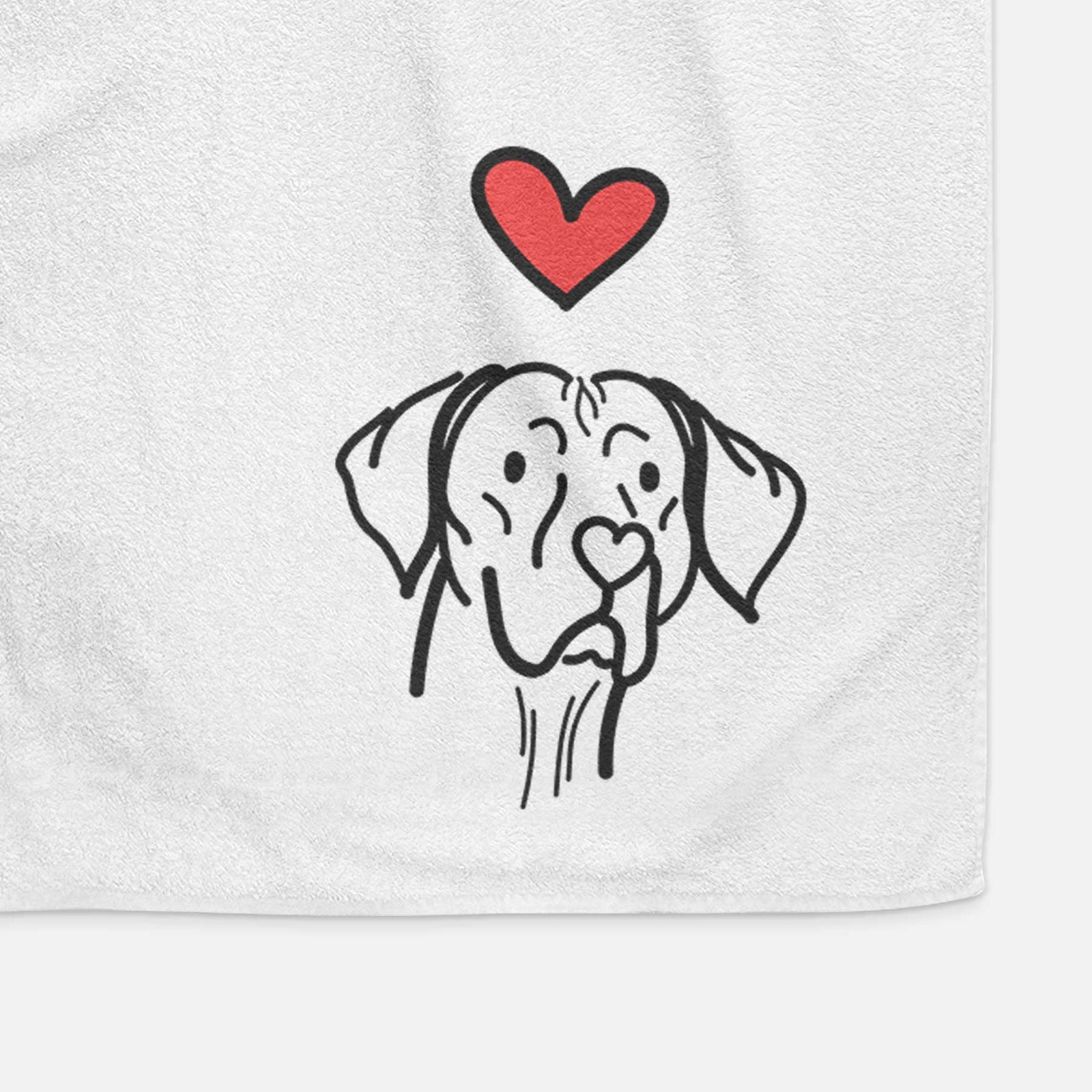 Minimalist line drawing of Moose the Vizsla with a red heart on a decorative hand towel