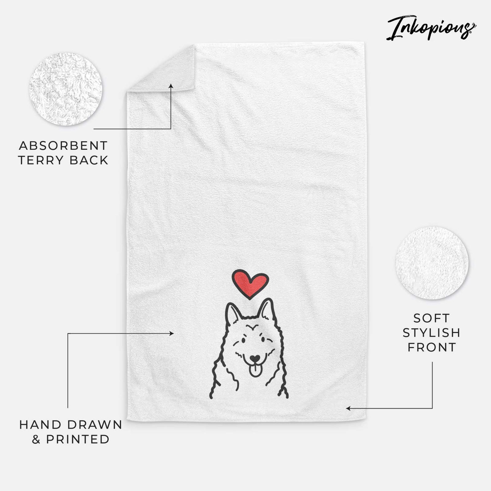 Minimalist line drawing of a Norwegian Elkhound with a red heart on a decorative hand towel