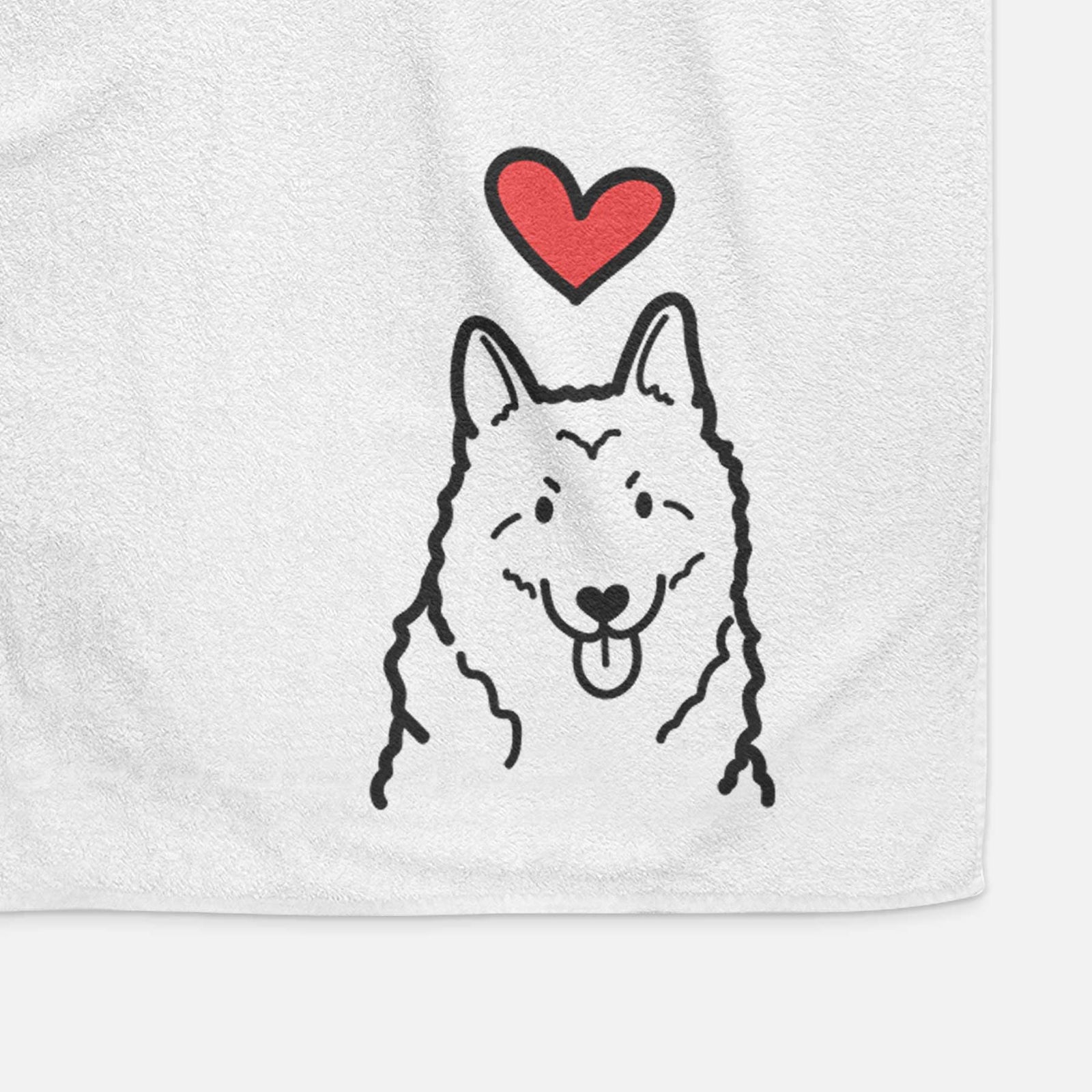 Minimalist line drawing of a Norwegian Elkhound with a red heart on a decorative hand towel
