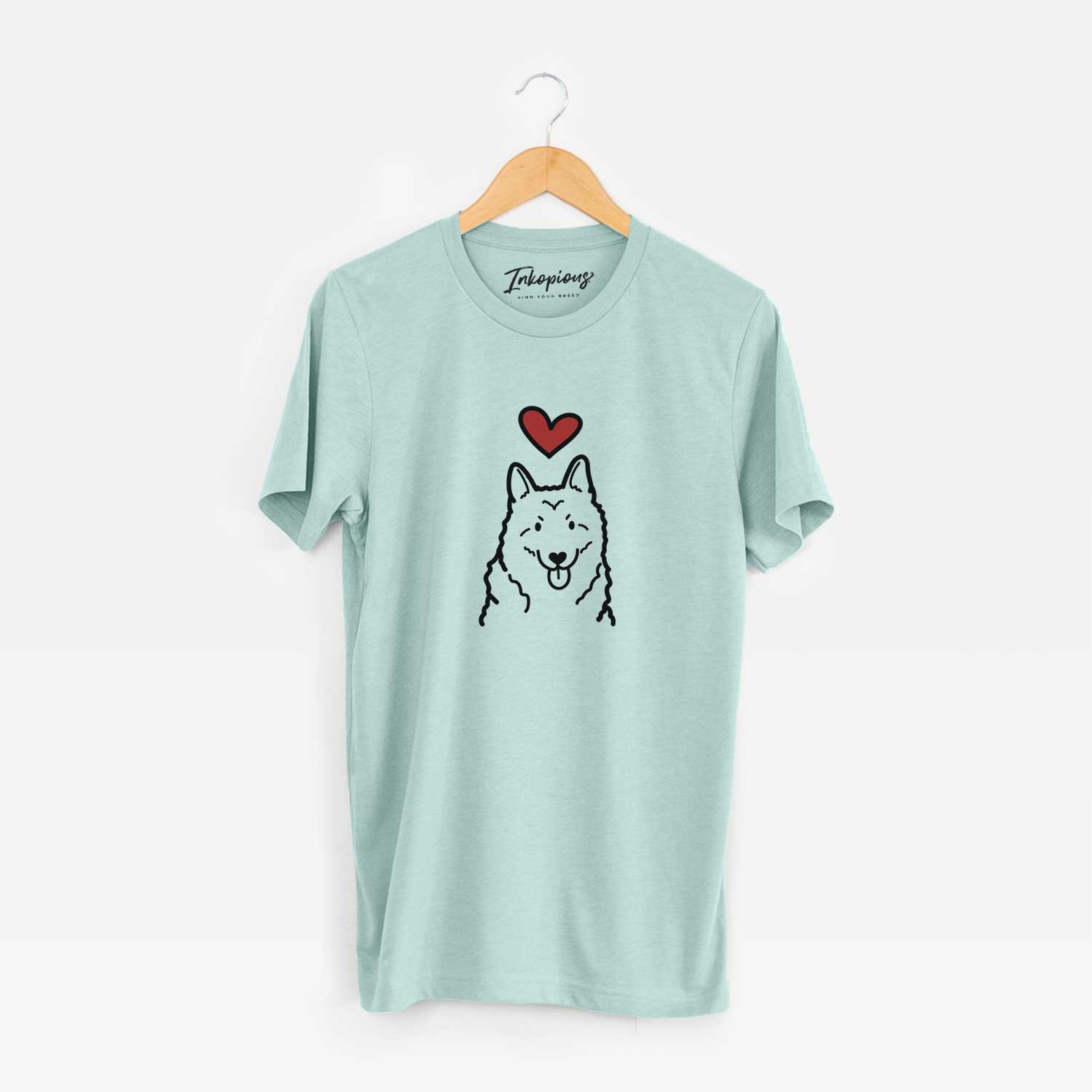 Minimalist line drawing of a Norwegian Elkhound with a red heart on a Heather Sage Unisex crewneck