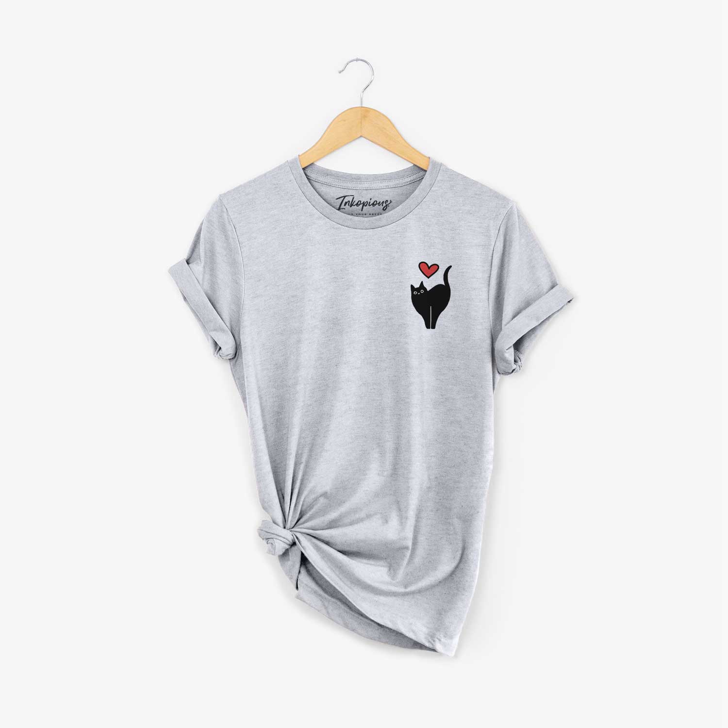 Small chest-pocket minimalist line drawing of Bella the Black Cat with a red heart on a Grey Unisex crewneck