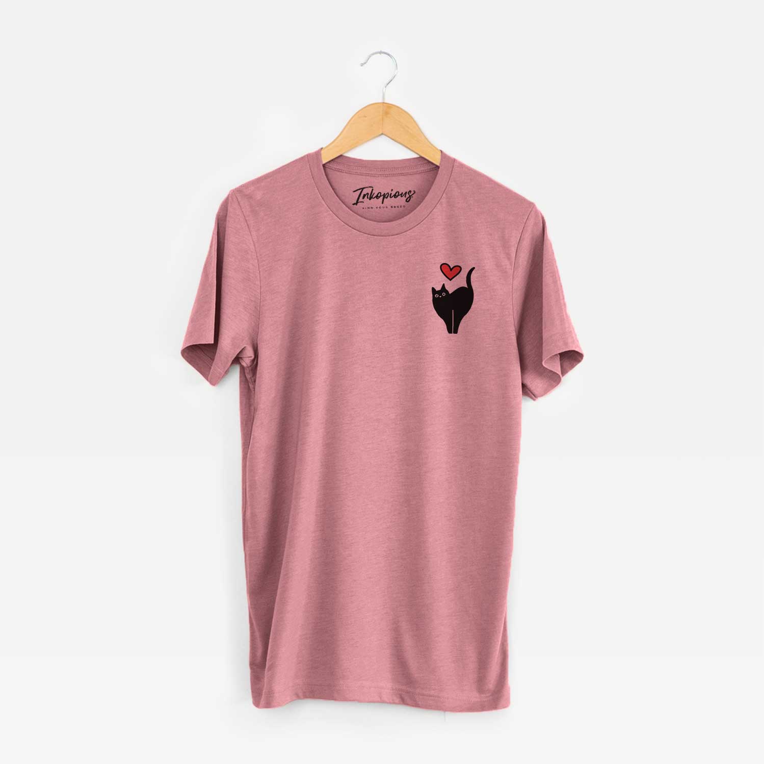 Small chest-pocket minimalist line drawing of Bella the Black Cat with a red heart on a Mauve Unisex crewneck