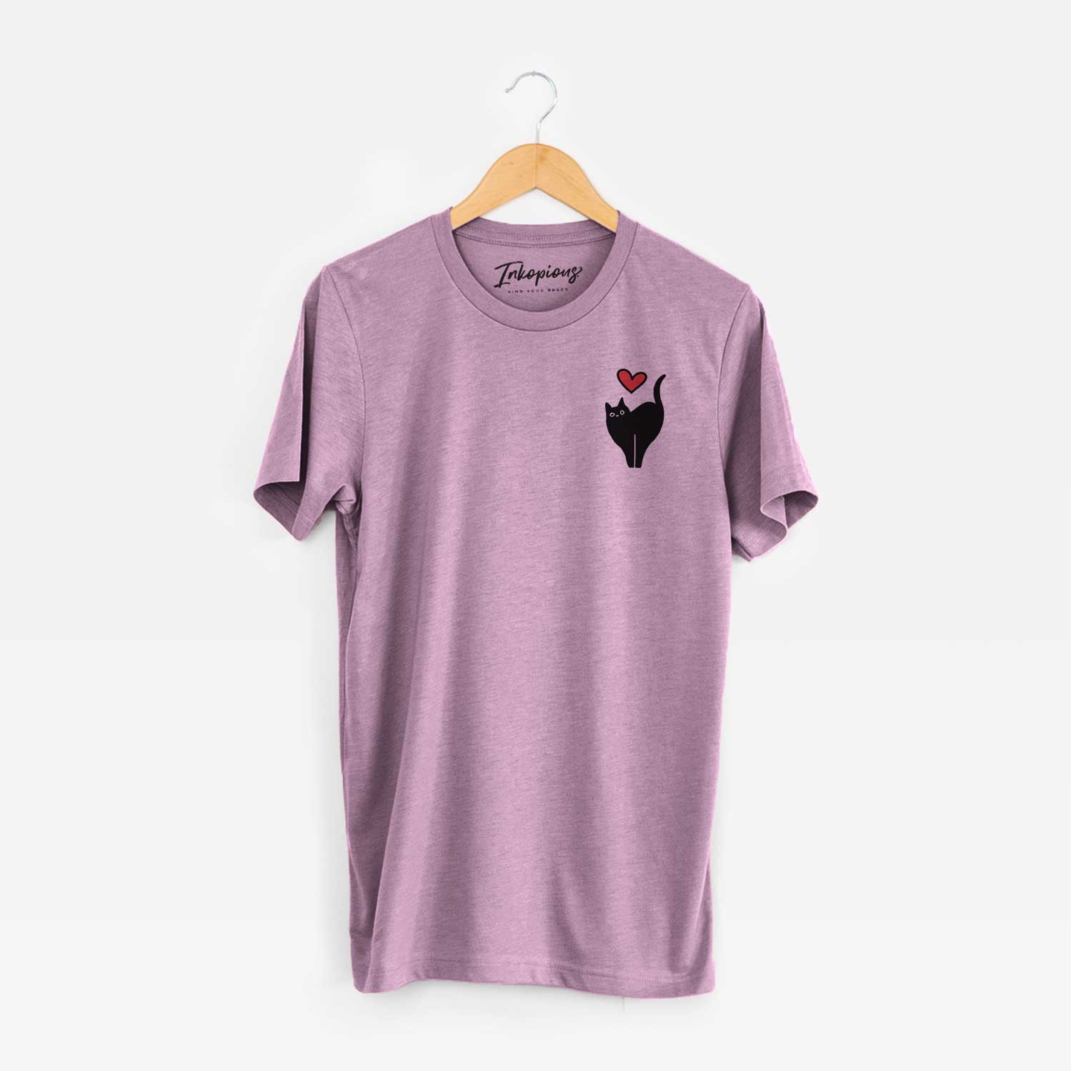 Small chest-pocket minimalist line drawing of Bella the Black Cat with a red heart on an Orchid Unisex crewneck