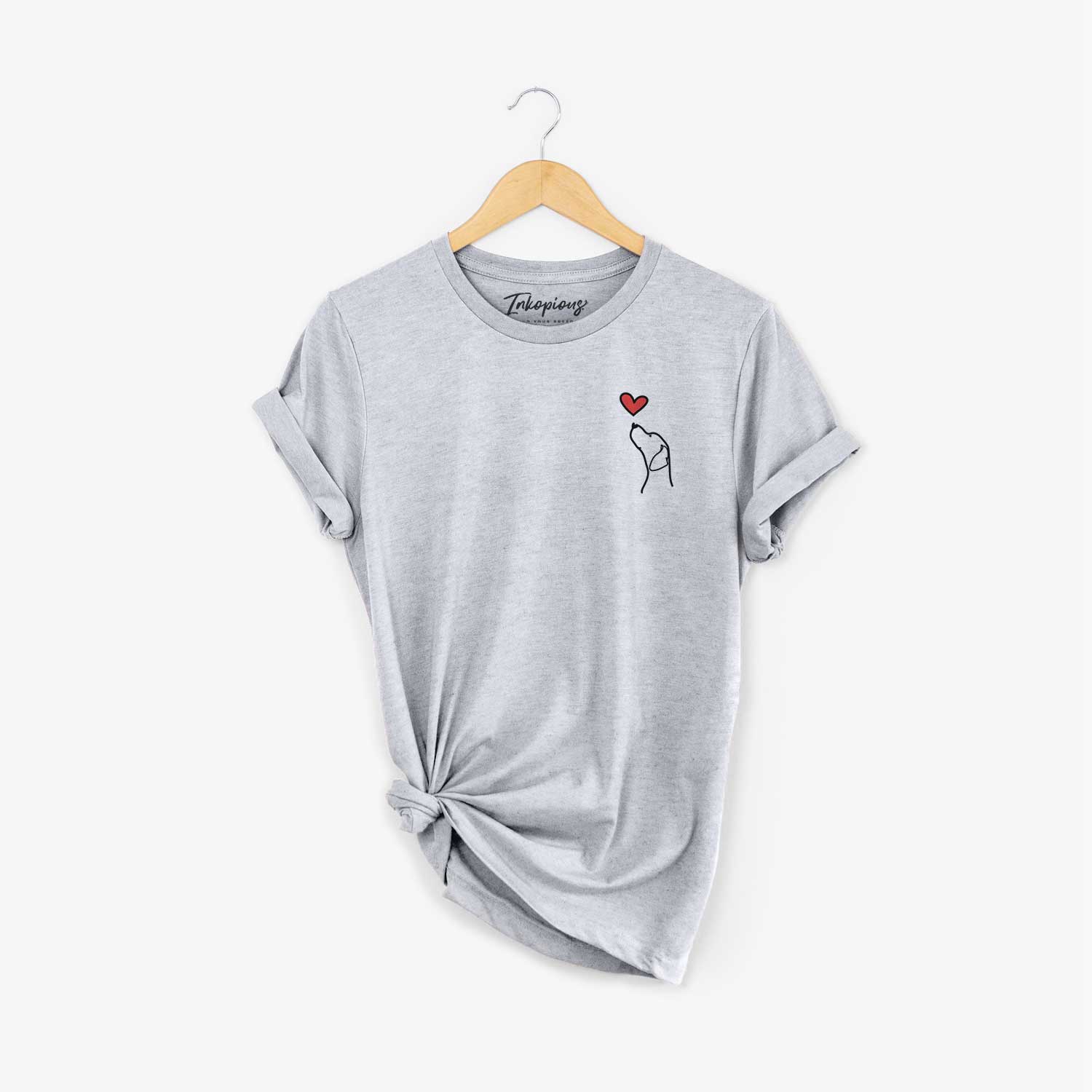 Small chest-pocket minimalist line drawing of an English Pointer Profile with a red heart on a Grey Unisex crewneck