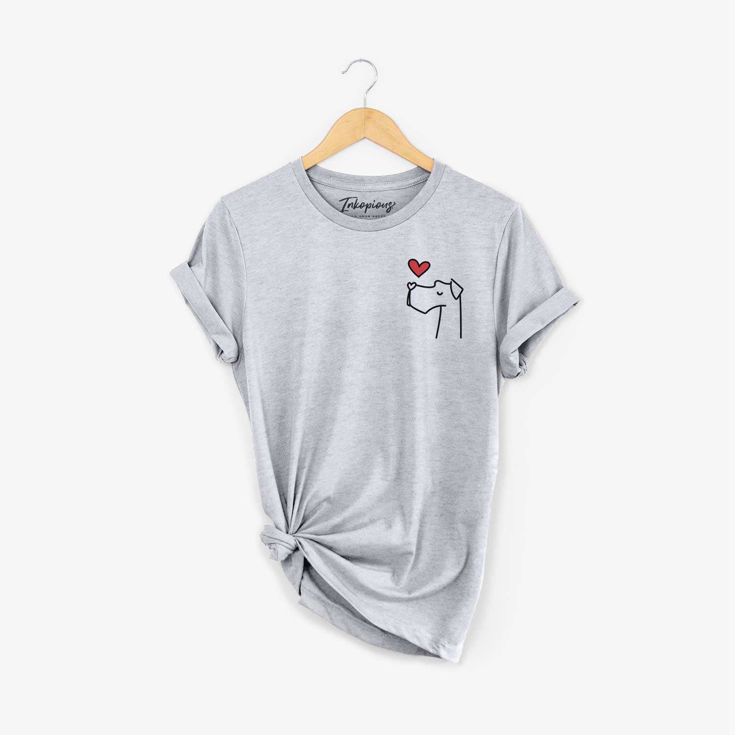 Small chest-pocket minimalist line drawing of a Great Dane with a red heart on a Grey Unisex crewneck