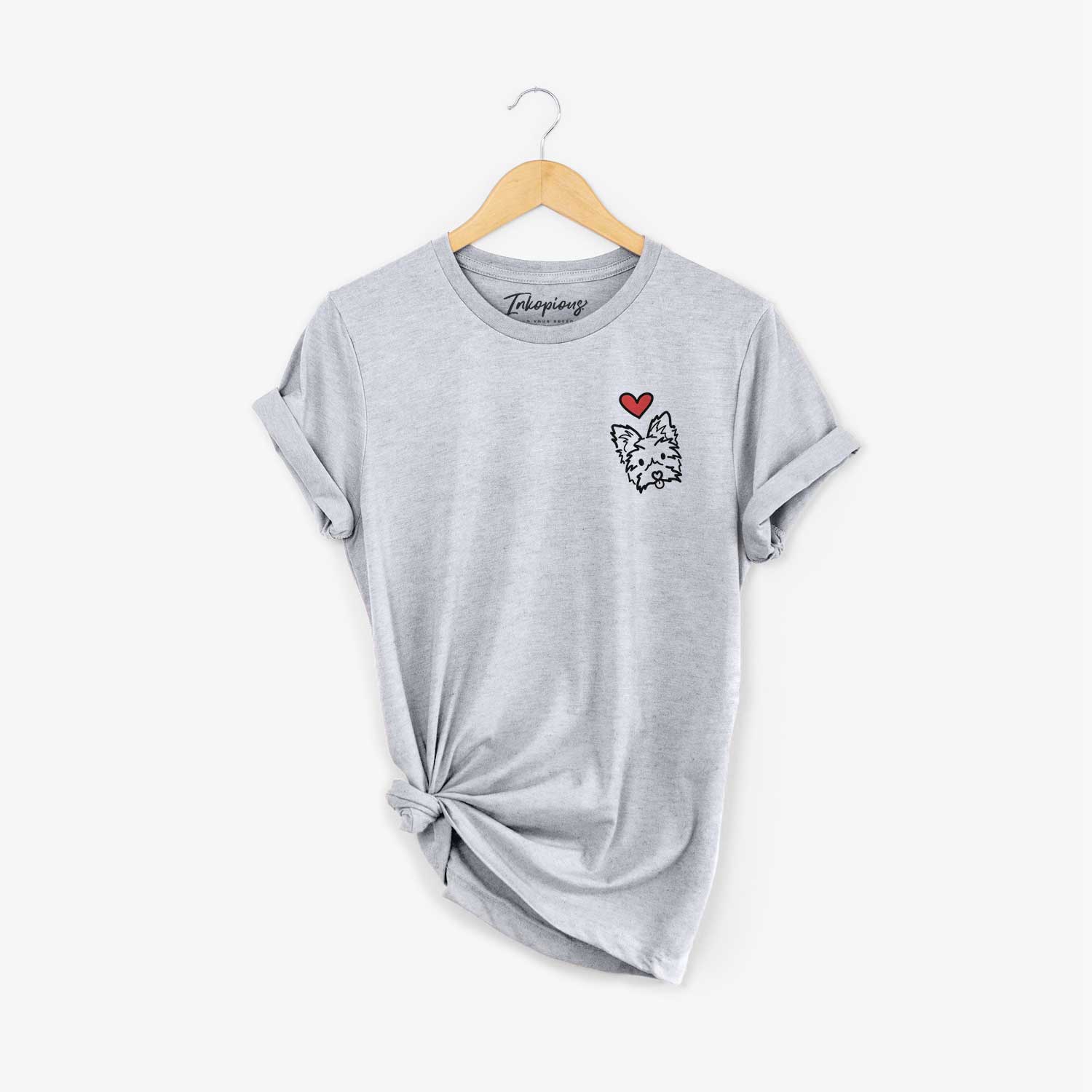 Small chest-pocket minimalist line drawing of Luna the Yorkshire Terrier with a red heart on a Grey Unisex crewneck
