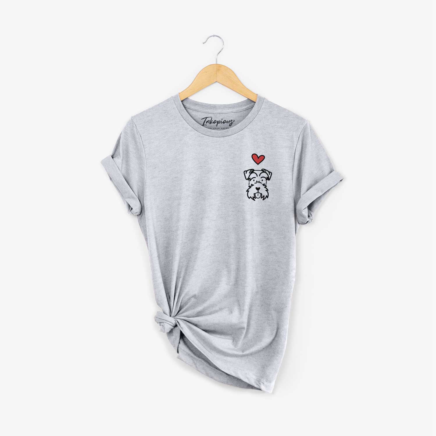 Small chest-pocket minimalist line drawing of a Miniature Schnauzer with a red heart on a Grey Unisex crewneck