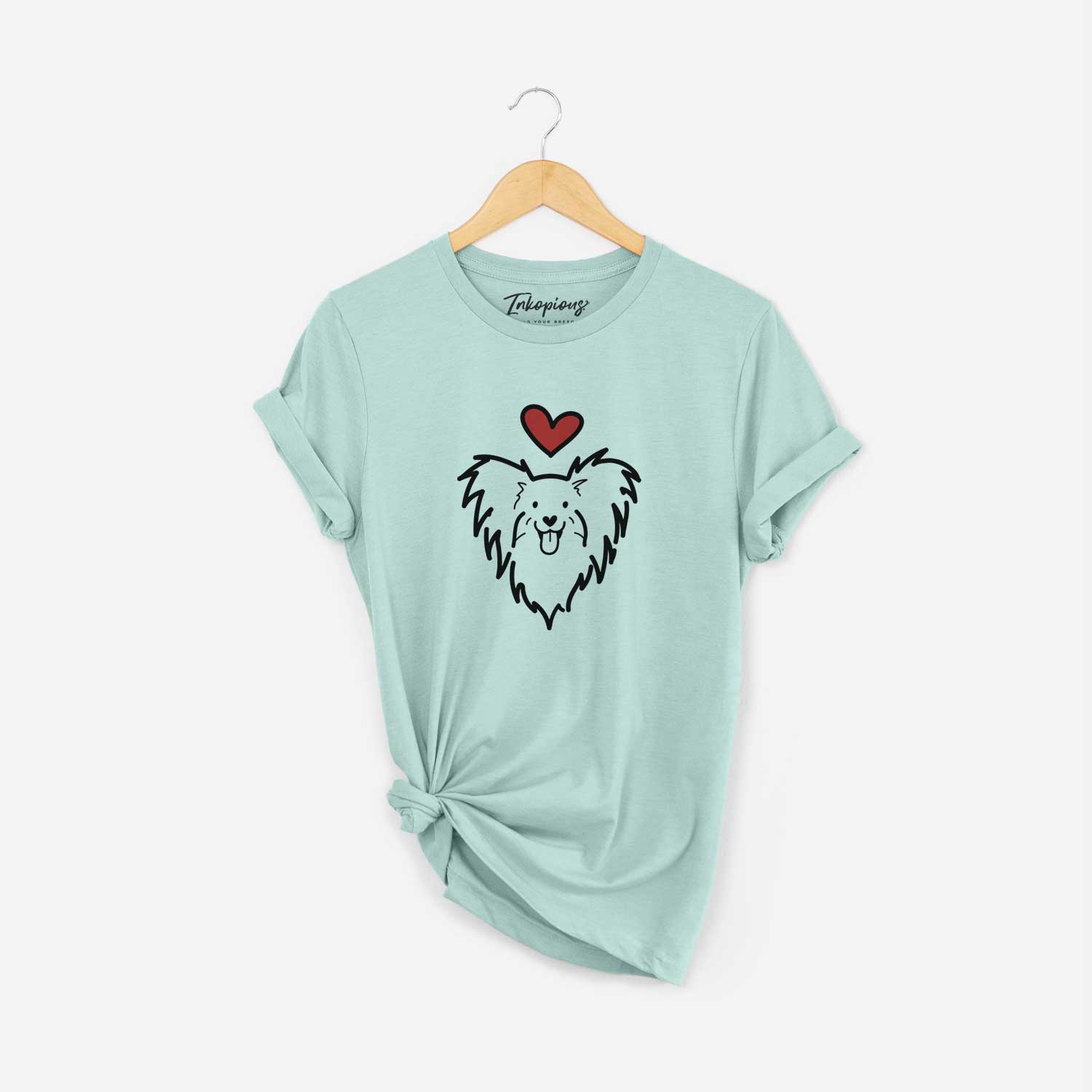 Minimalist line drawing of a Papillon with a red heart on a Heather Sage Unisex crewneck