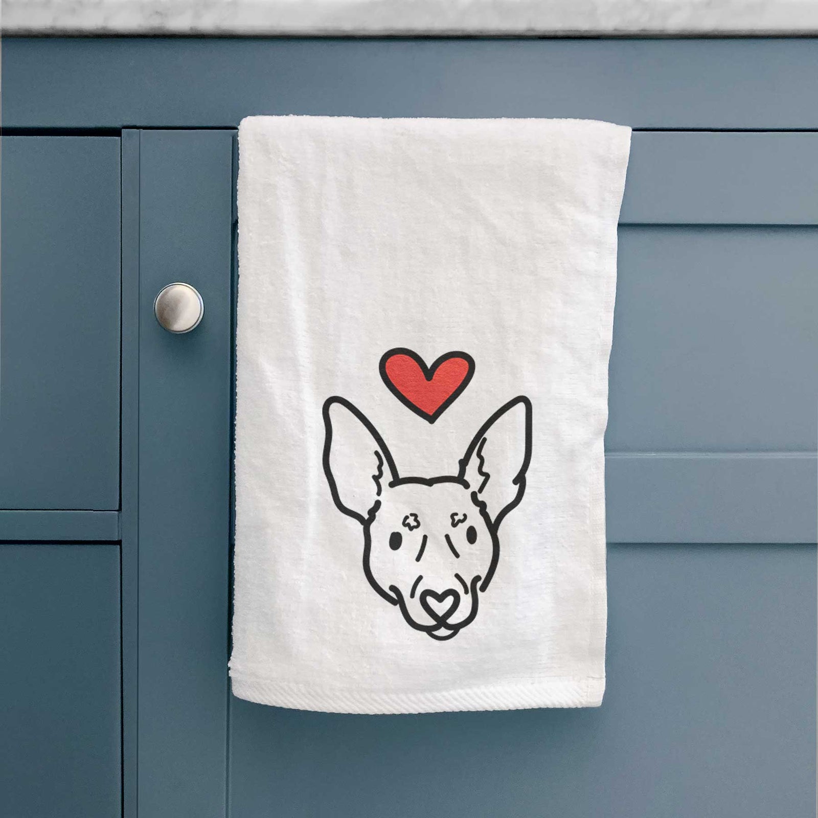 Minimalist line drawing of Penny the Rat Terrier with a red heart on a decorative hand towel