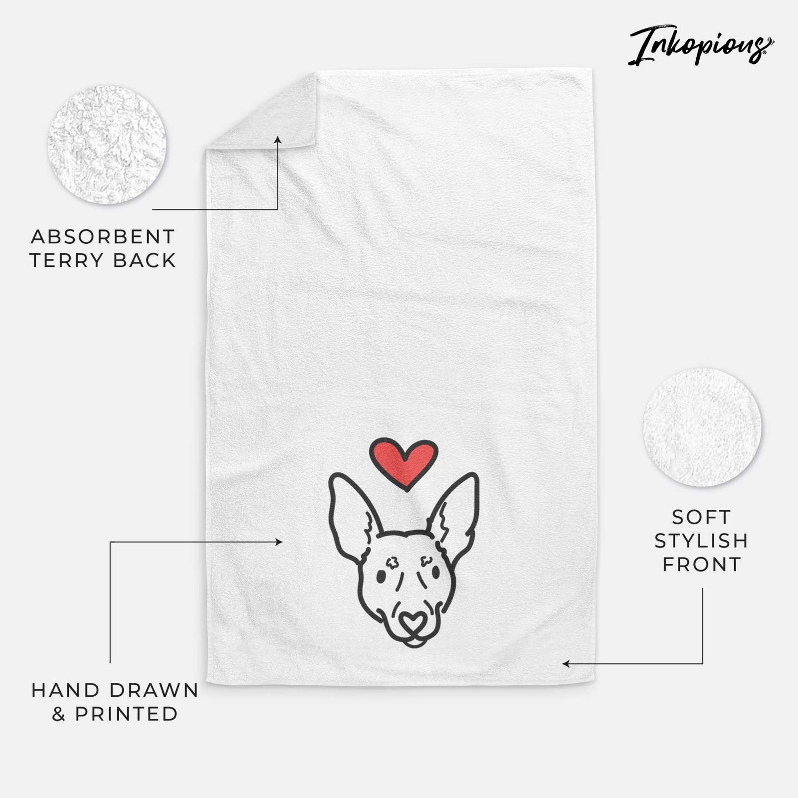 Minimalist line drawing of Penny the Rat Terrier with a red heart on a decorative hand towel