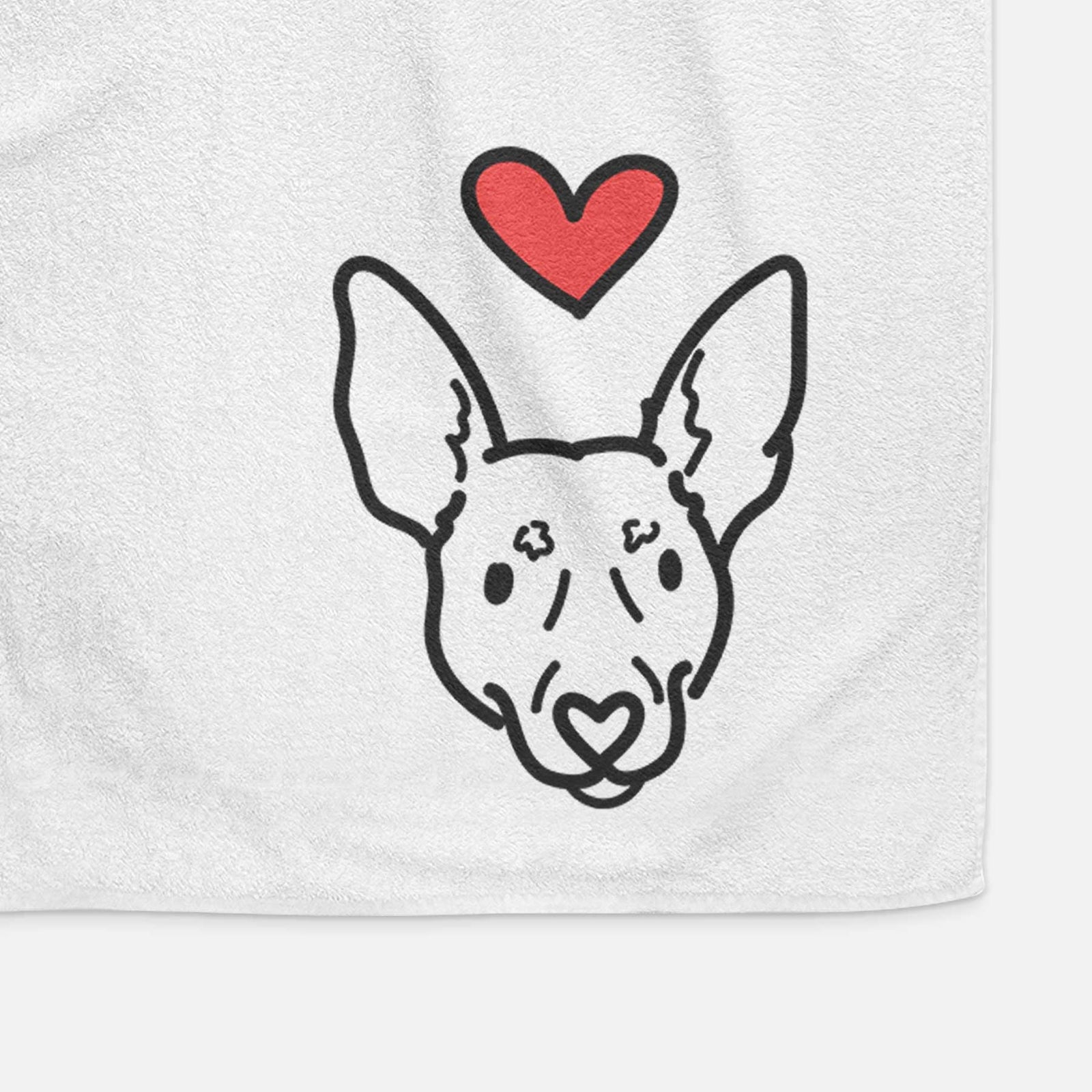 Minimalist line drawing of Penny the Rat Terrier with a red heart on a decorative hand towel