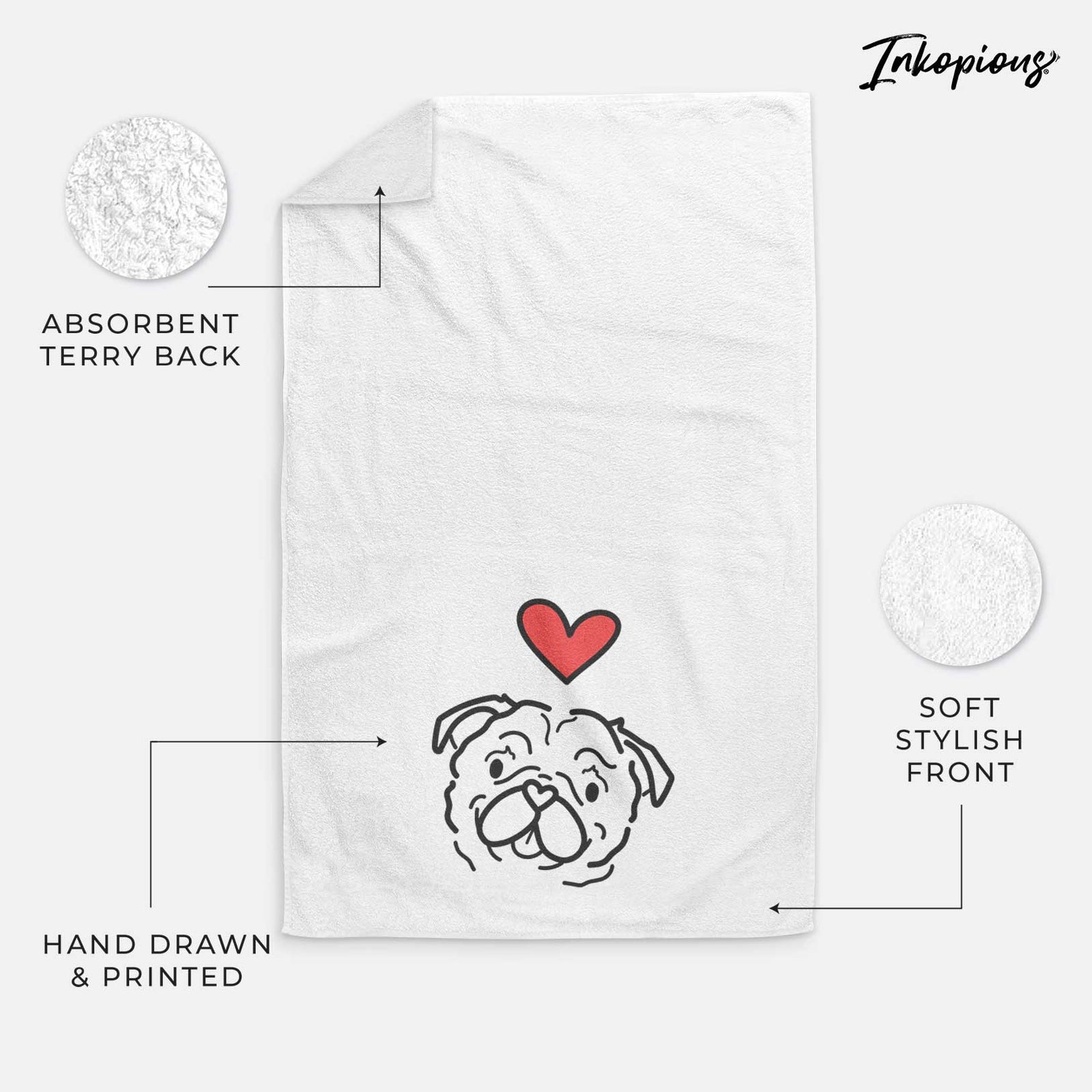 Minimalist line drawing of Pip the Pug with a red heart on a decorative hand towel