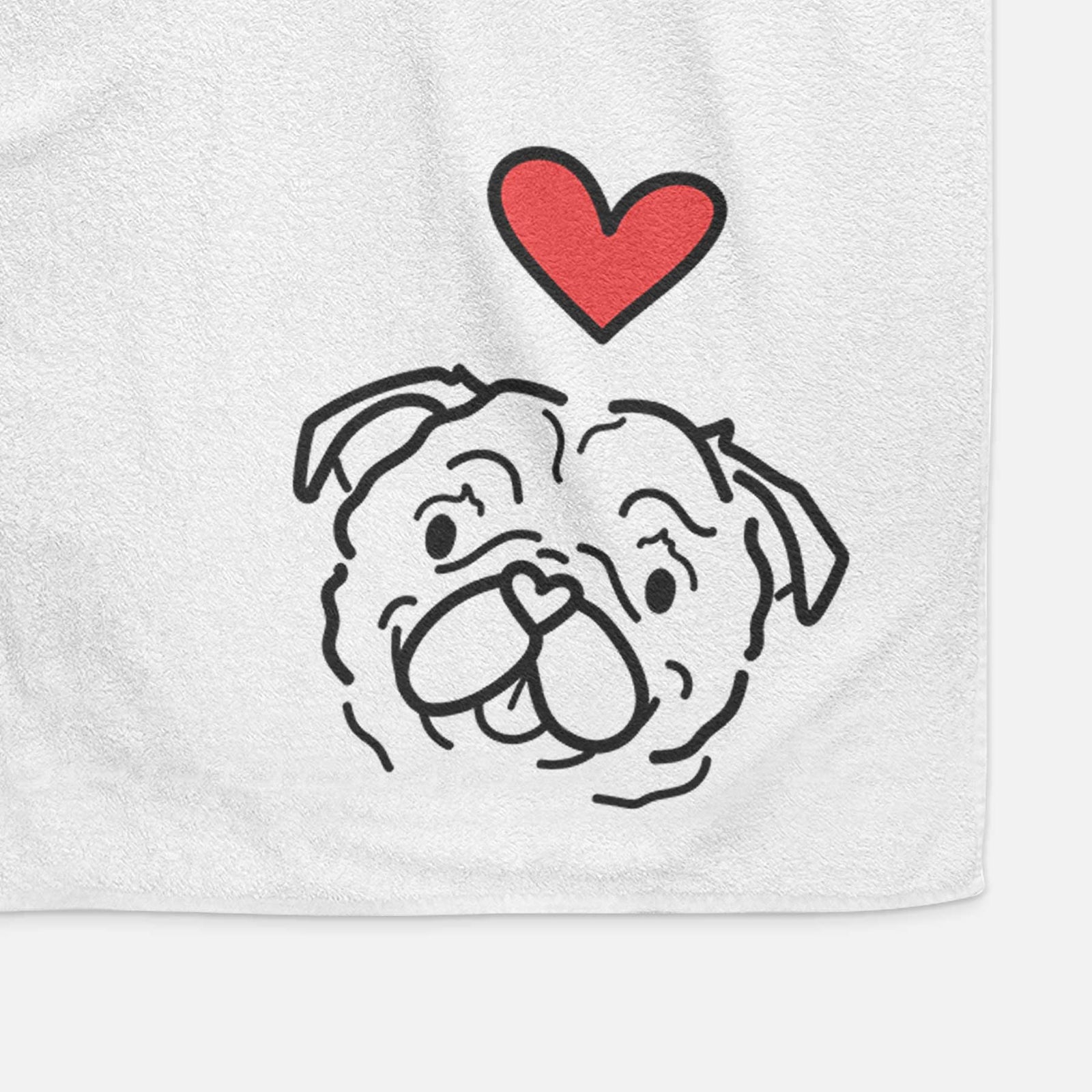 Minimalist line drawing of Pip the Pug with a red heart on a decorative hand towel
