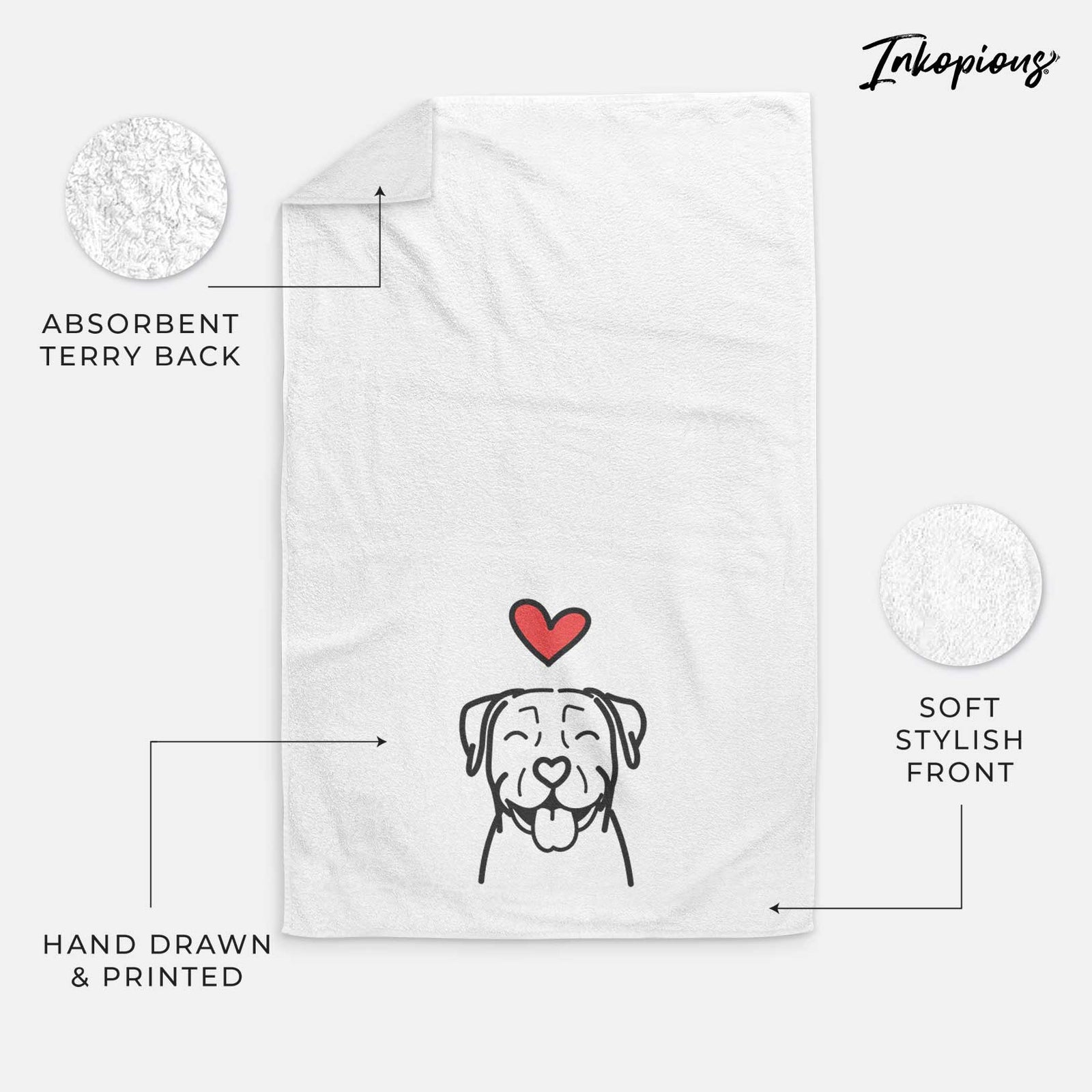 Minimalist line drawing of a Pitbull with a red heart on a decorative hand towel