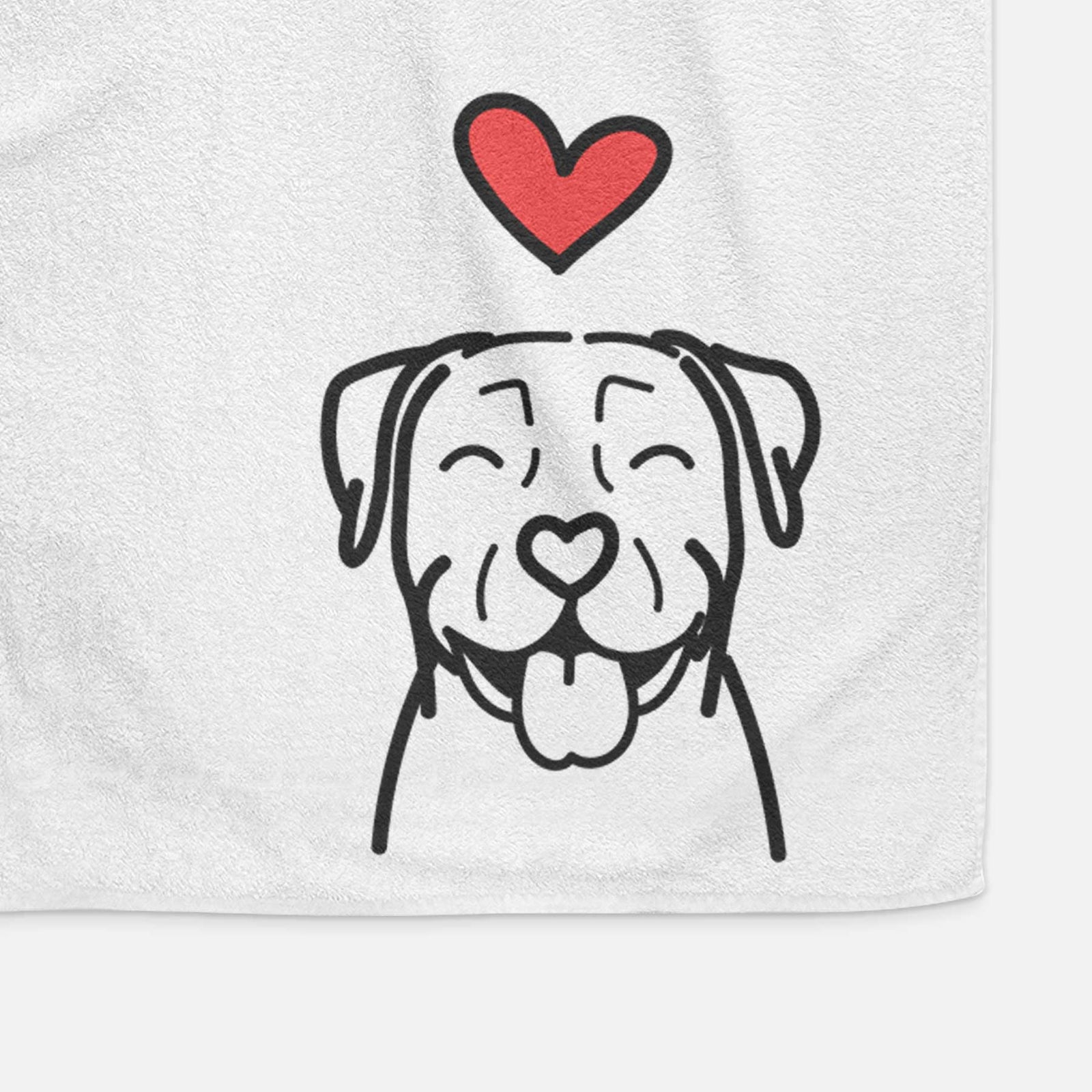 Minimalist line drawing of a Pitbull with a red heart on a decorative hand towel
