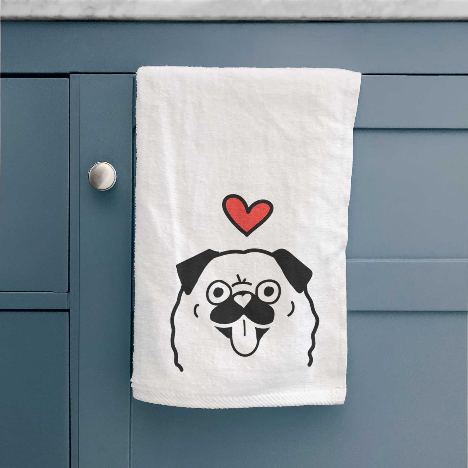 Minimalist line drawing of a Pug with a red heart on a decorative hand towel