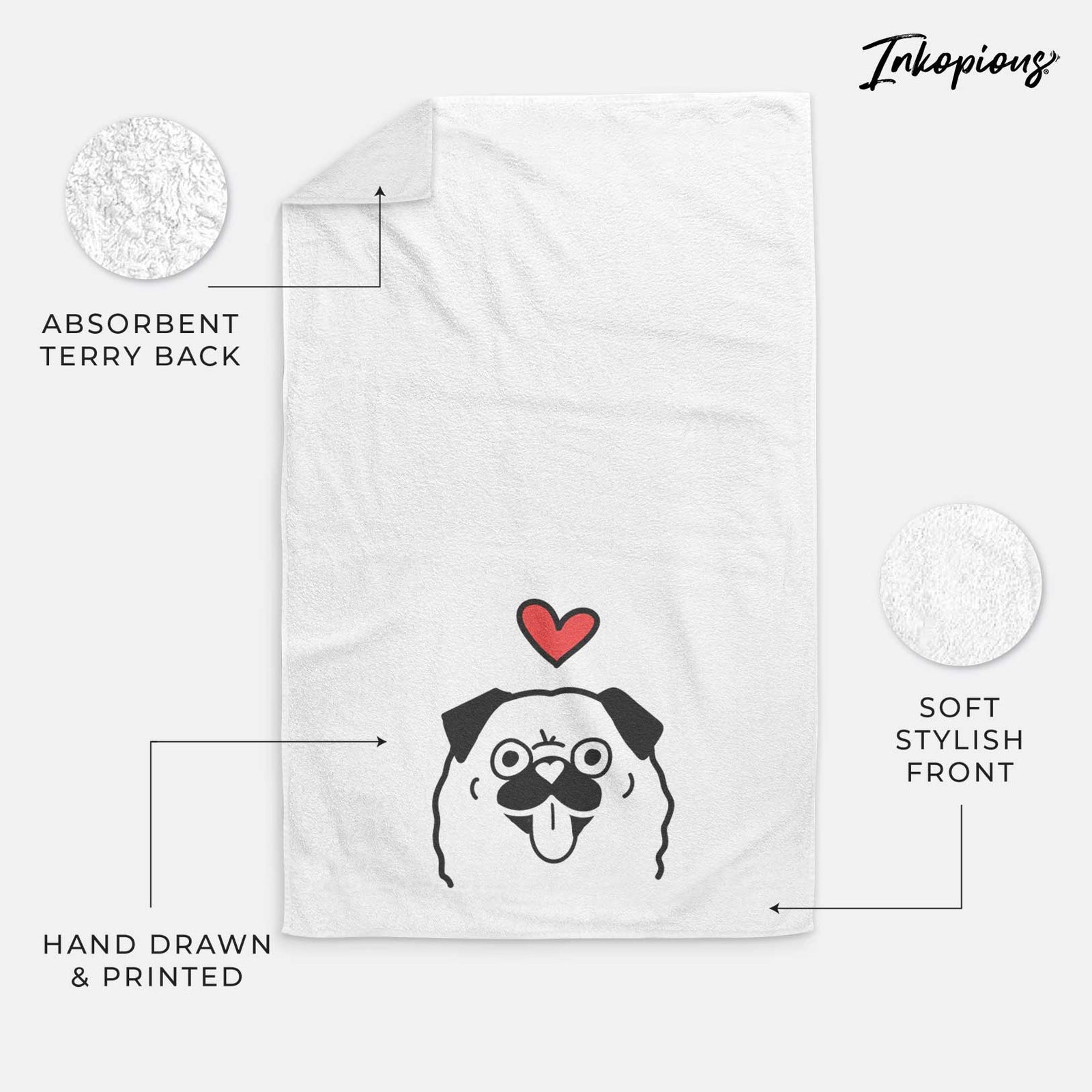 Minimalist line drawing of a Pug with a red heart on a decorative hand towel