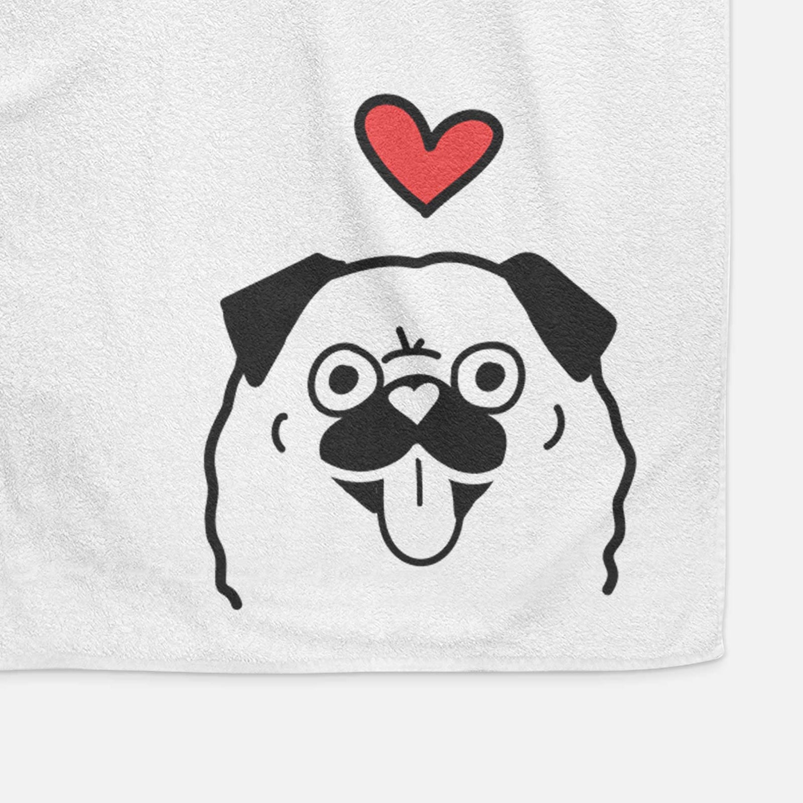 Minimalist line drawing of a Pug with a red heart on a decorative hand towel