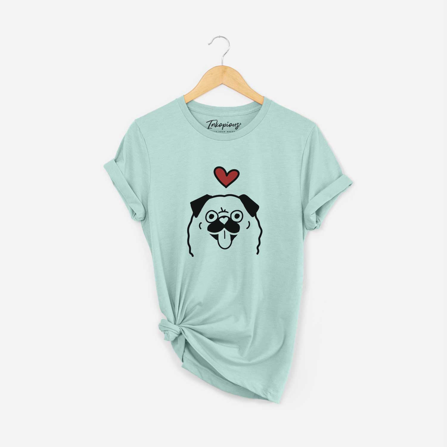Minimalist line drawing of a Pug with a red heart on a Heather Sage Unisex crewneck