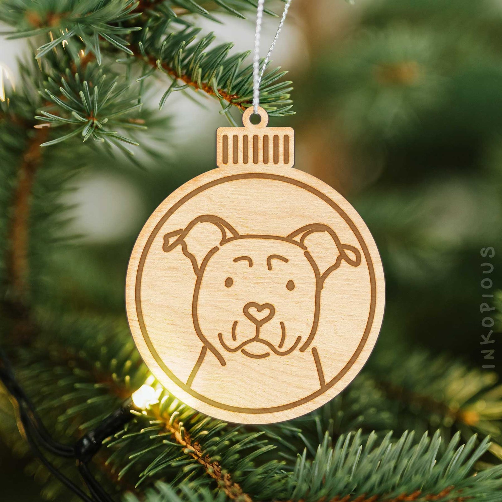 Minimalist line drawing of an American Staffordshire Terrier with a red heart on an Ornament wooden ornament