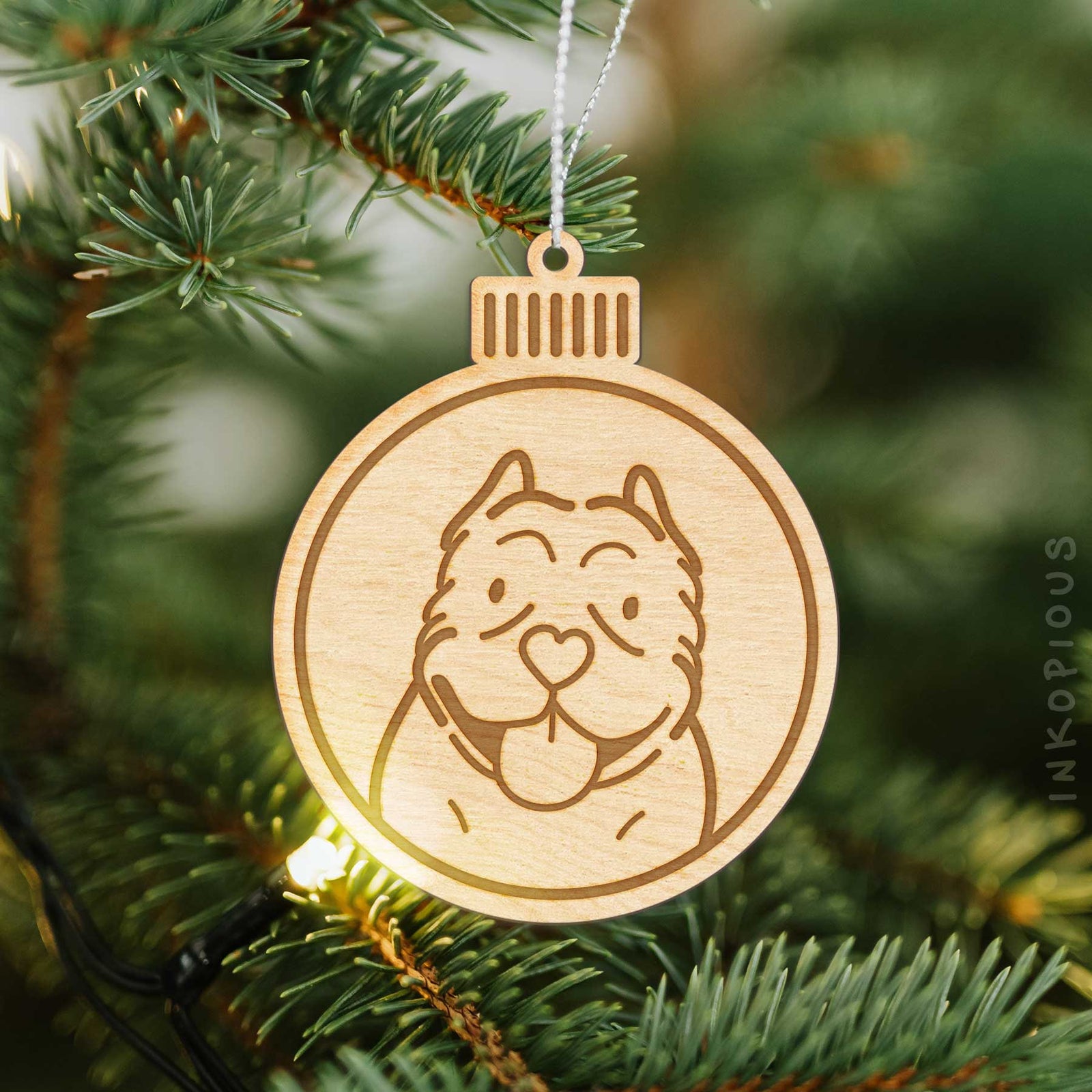 Minimalist line drawing of an American Bully with a red heart on an Ornament wooden ornament