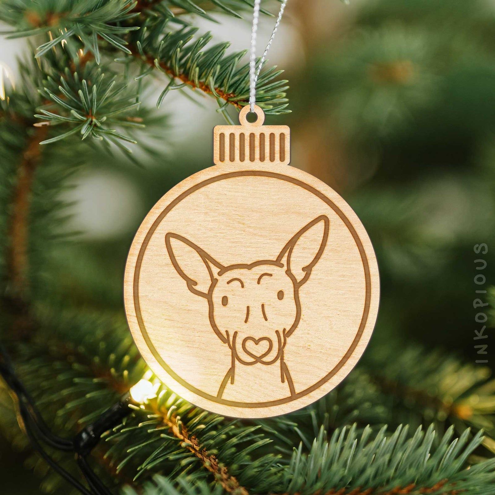 Minimalist line drawing of an American Hairless Terrier with a red heart on an Ornament wooden ornament