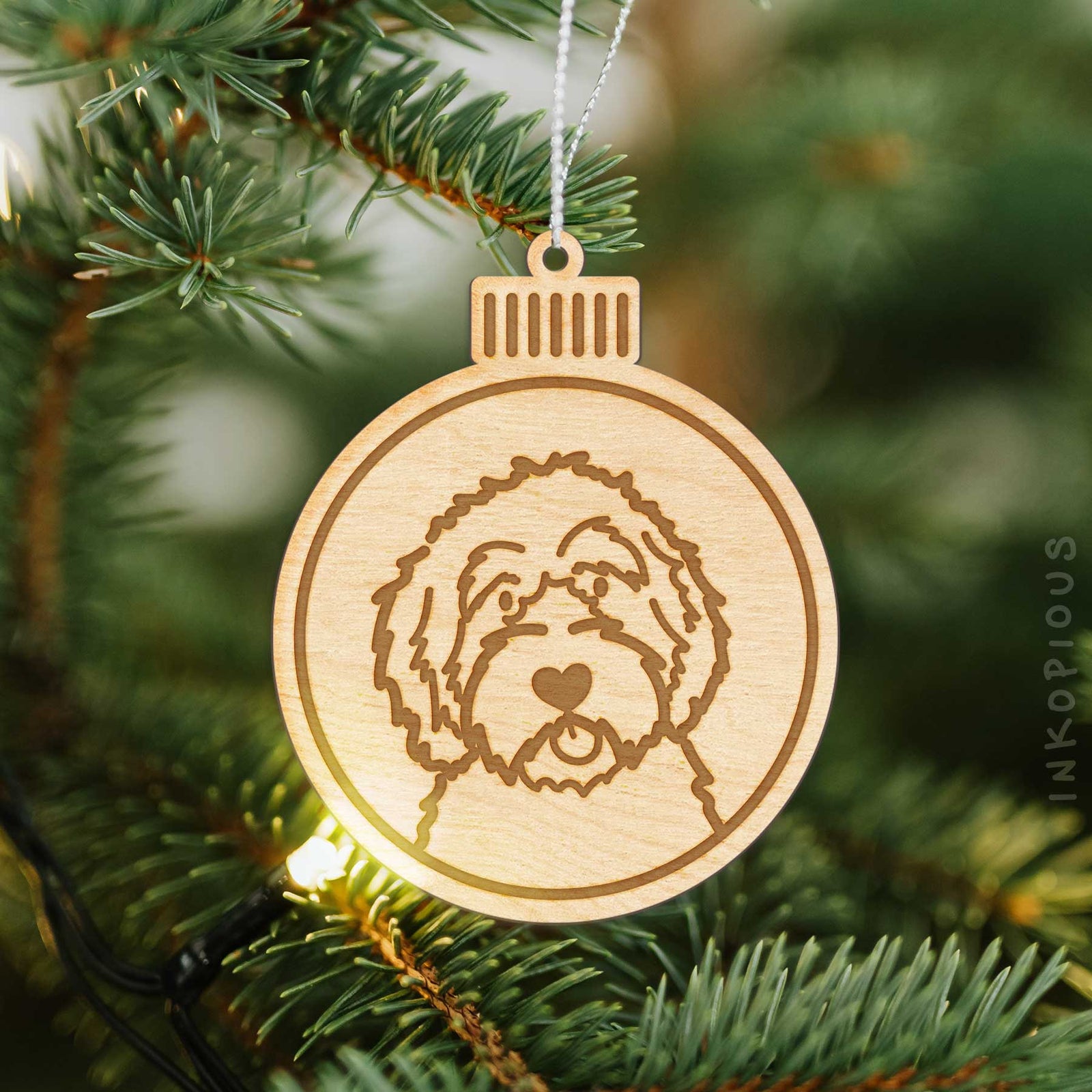Minimalist line drawing of an Aussiedoodle with a red heart on an Ornament wooden ornament