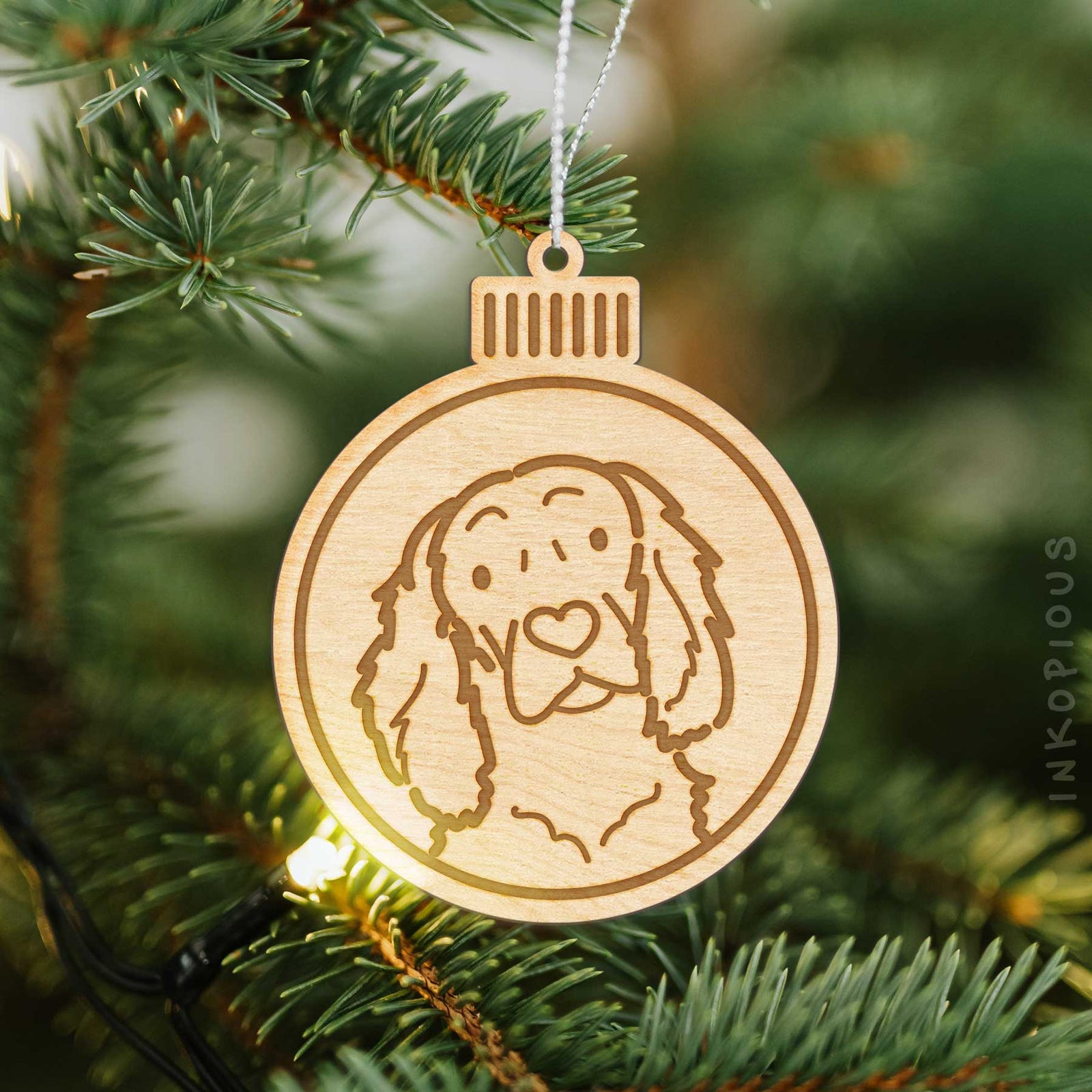 Minimalist line drawing of a Boykin Spaniel with a red heart on an Ornament wooden ornament