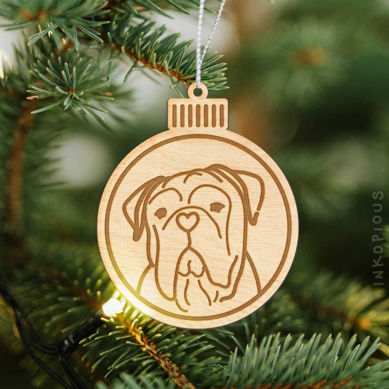 Minimalist line drawing of Vivian the Bull Mastiff with a red heart on an Ornament wooden ornament