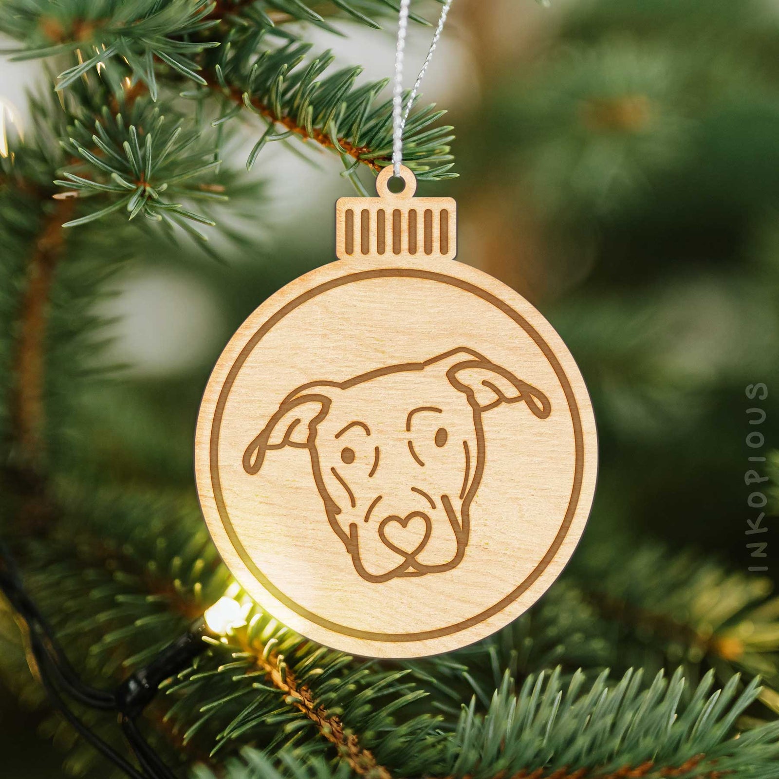 Minimalist line drawing of a Catahoula with a red heart on an Ornament wooden ornament