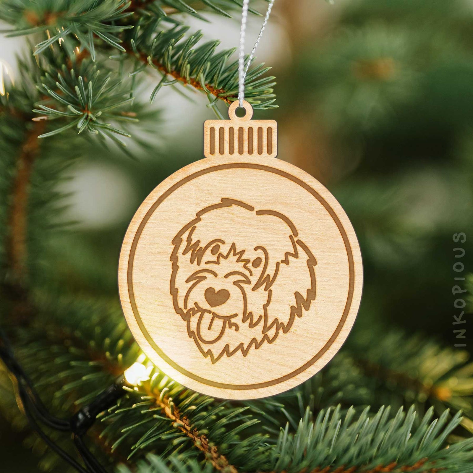 Minimalist line drawing of a Catalan Sheepdog with a red heart on an Ornament wooden ornament