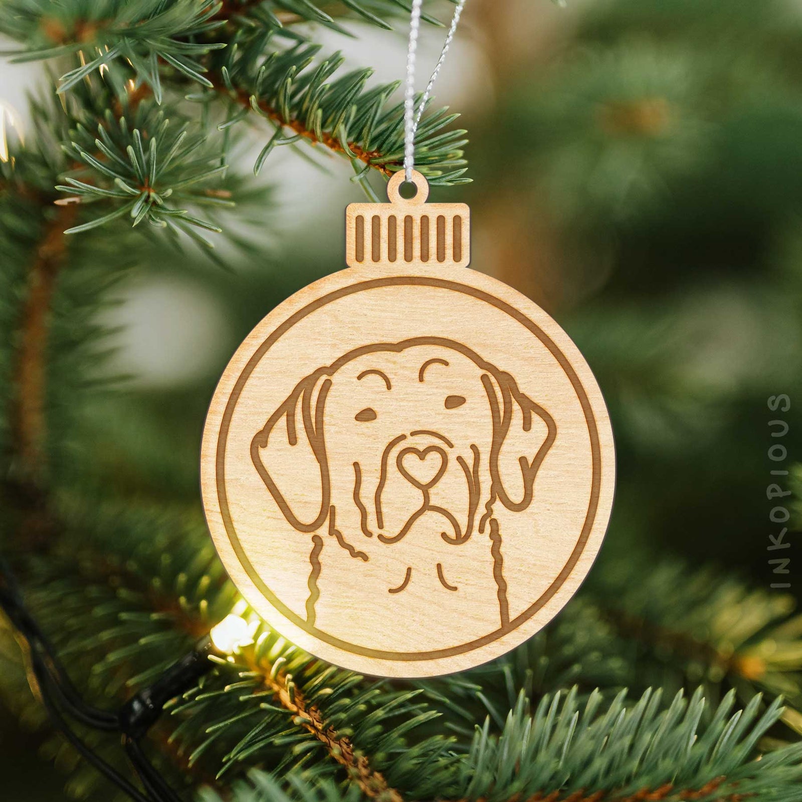 Minimalist line drawing of a Chesapeake Bay Retriever with a red heart on an Ornament wooden ornament
