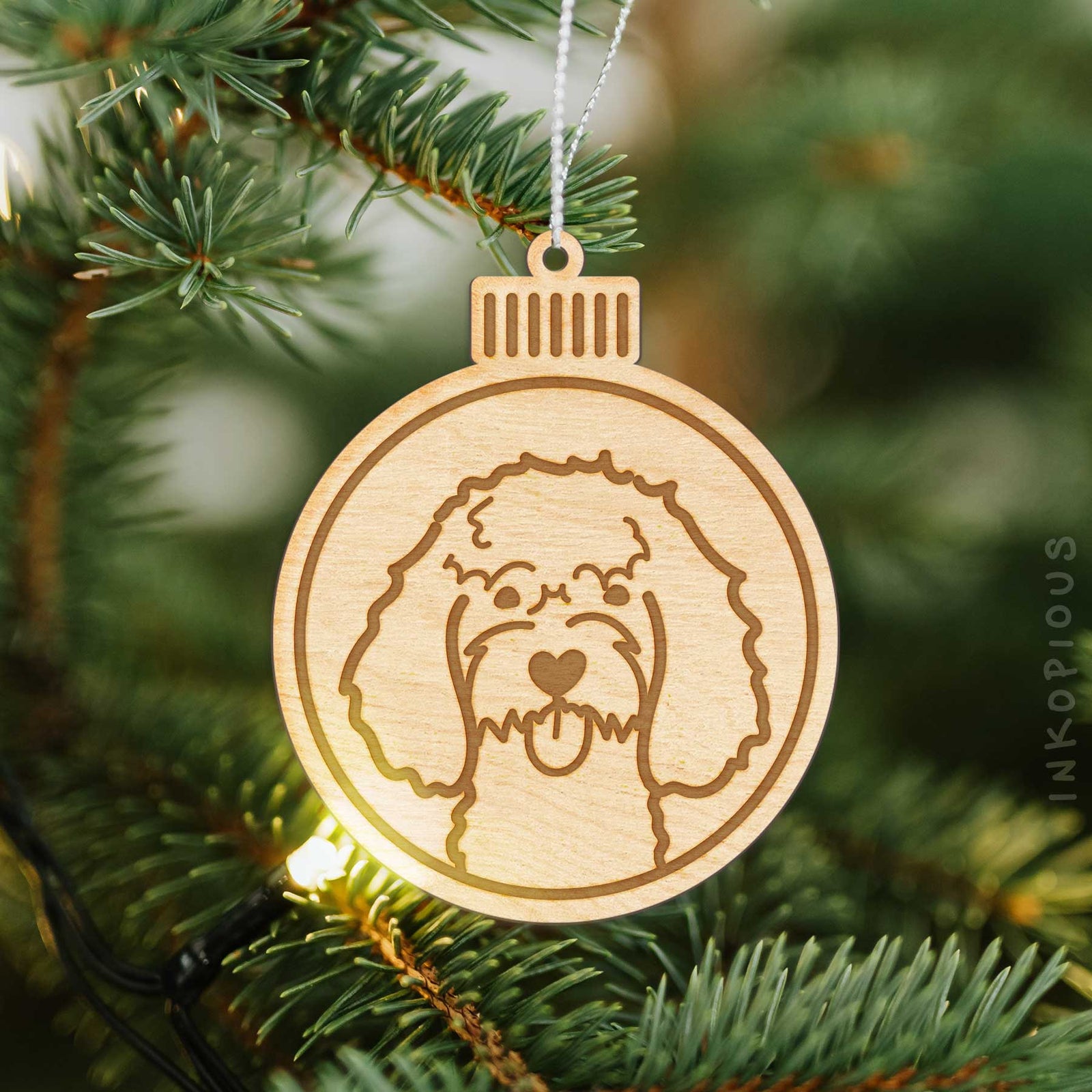 Minimalist line drawing of a Cockapoo with a red heart on an Ornament wooden ornament