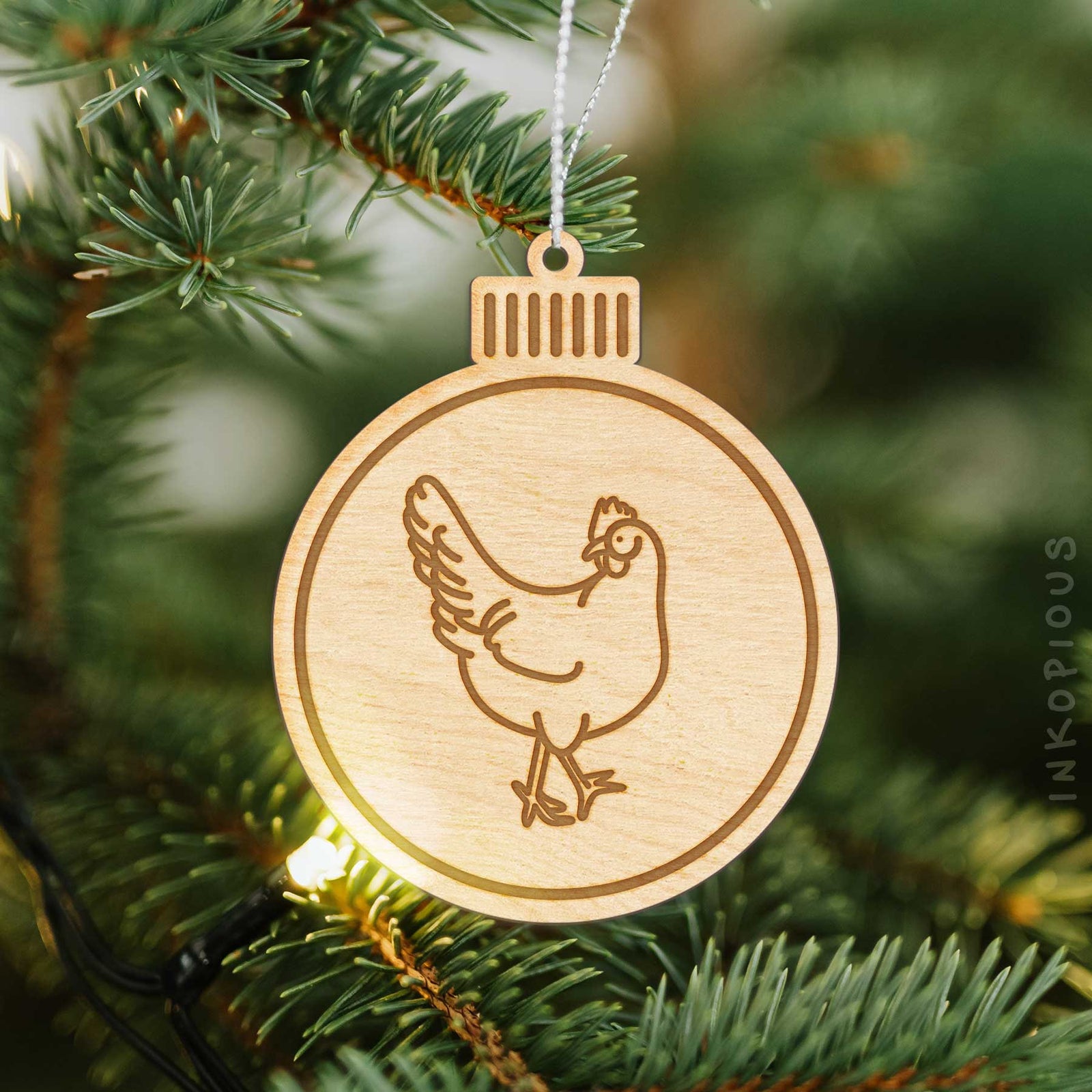 Minimalist line drawing of Daisy the Chicken with a red heart on an Ornament wooden ornament
