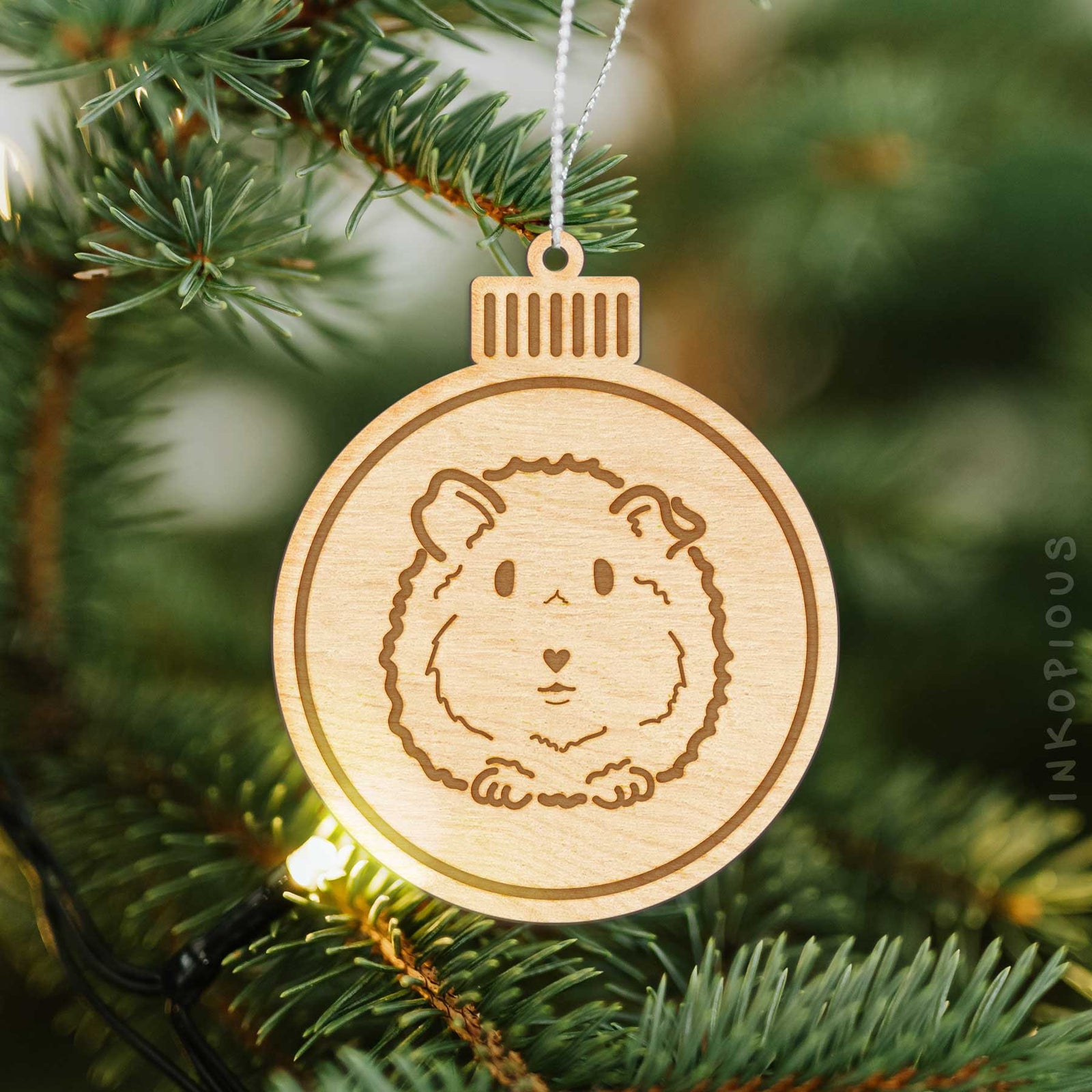 Minimalist line drawing of Duke the Guinea Pig with a red heart on an Ornament wooden ornament