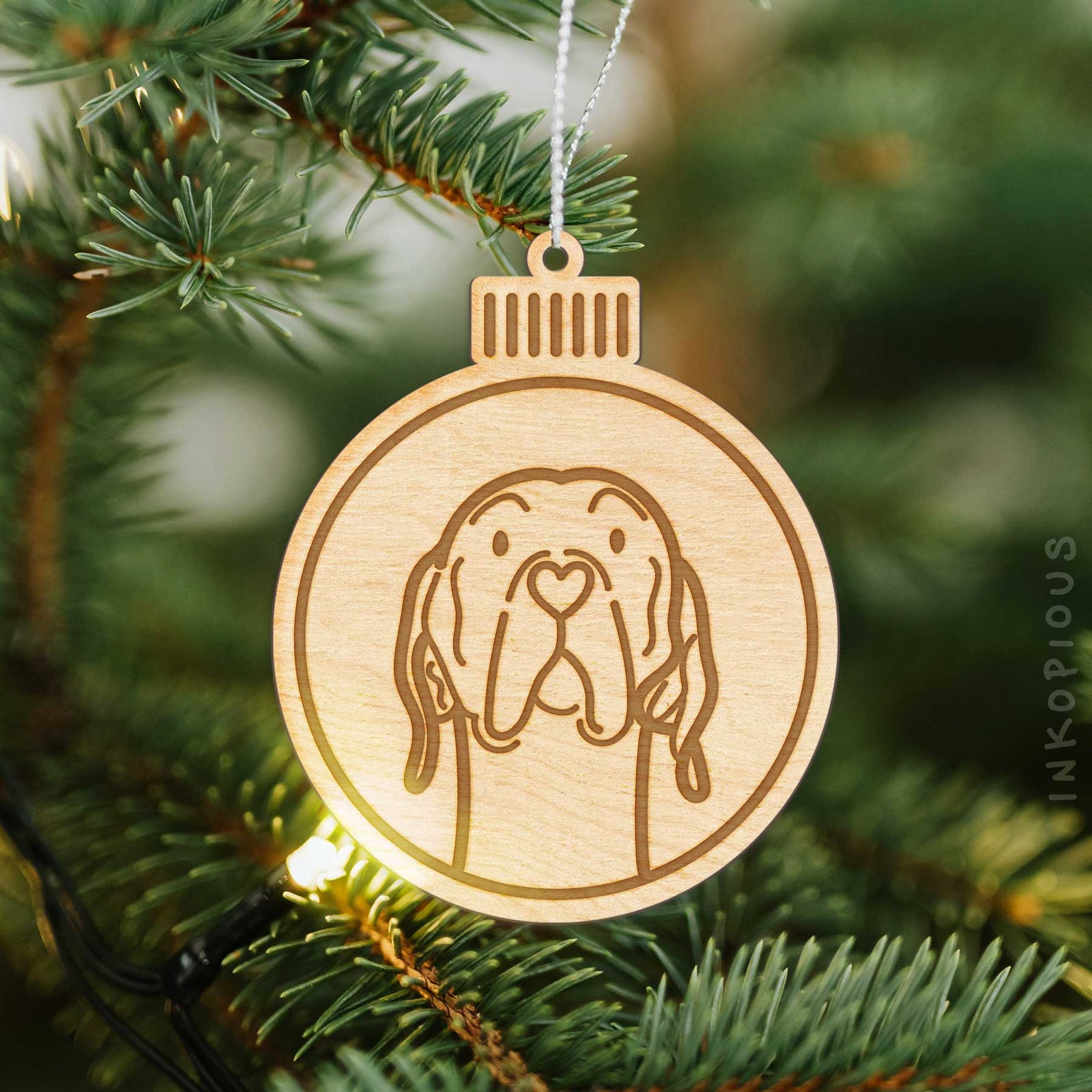 Minimalist line drawing of an English Pointer with a red heart on an Ornament wooden ornament