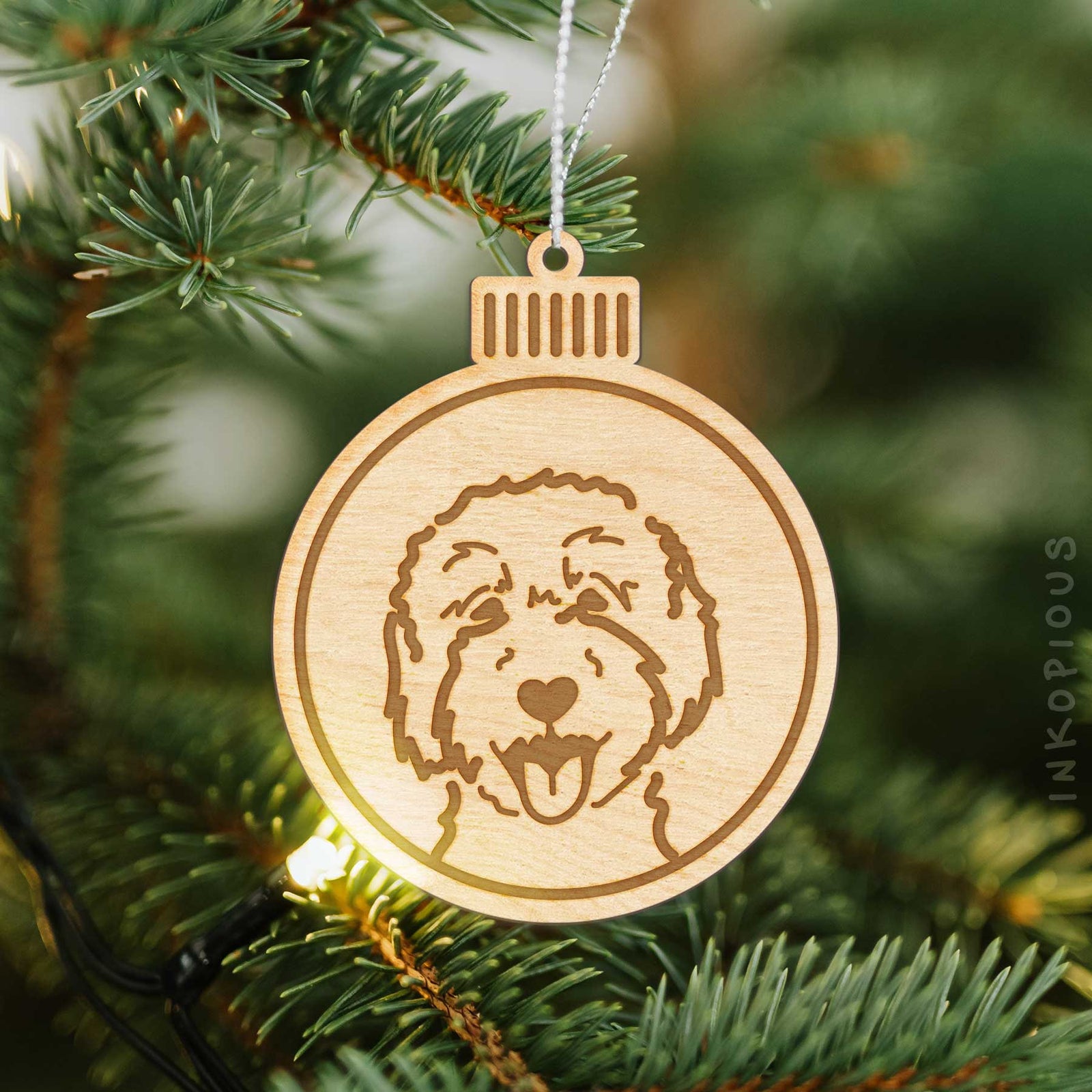 Minimalist line drawing of a Goldendoodle 2 with a red heart on an Ornament wooden ornament