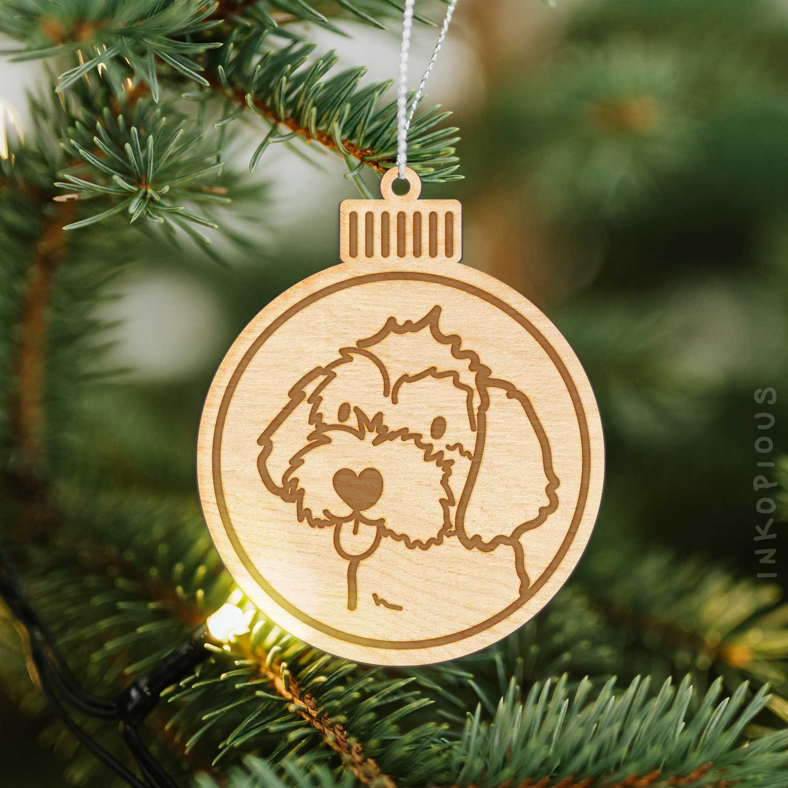 Minimalist line drawing of a Havapoo with a red heart on an Ornament wooden ornament